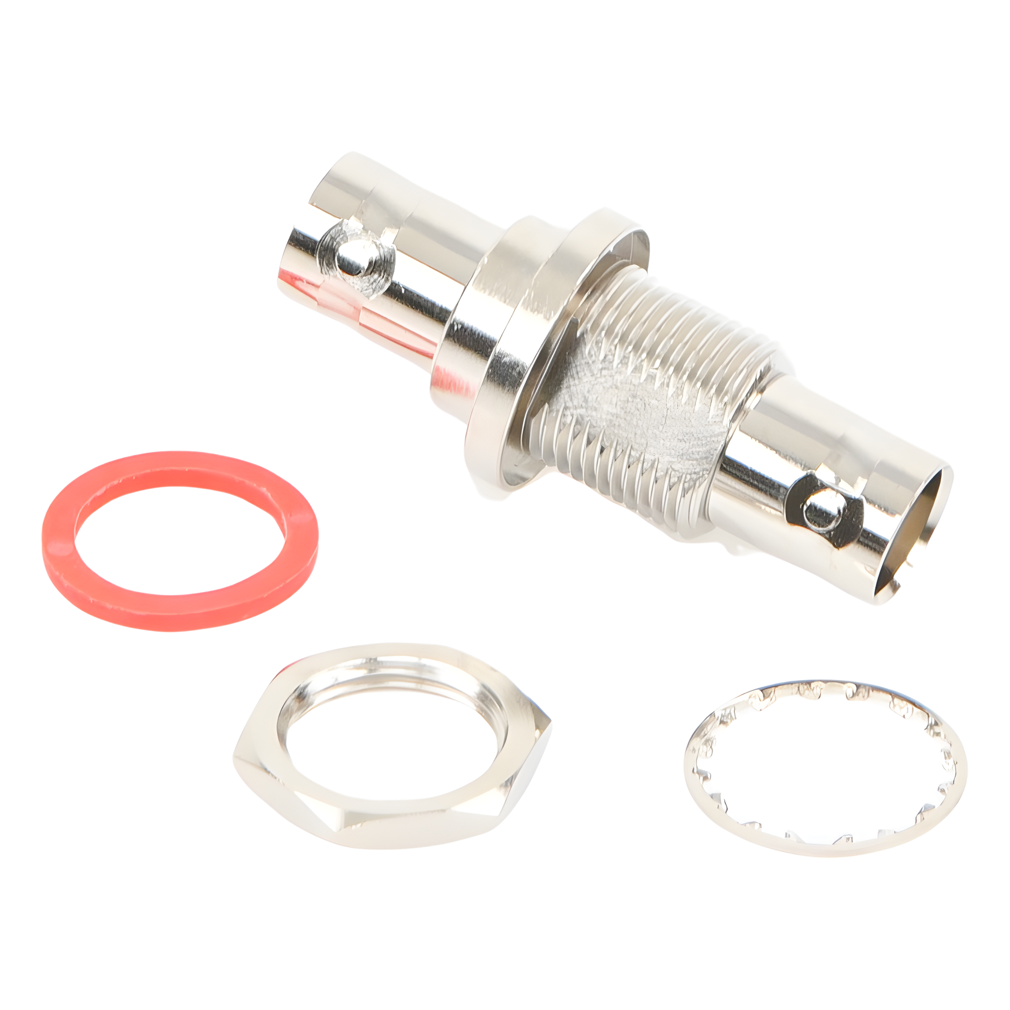 Adaptador Coaxial / Doble BNC Hembra / Montaje Chasis Hermético / D-Plano Frontal o Trasero / 50 Ω / Cuerpo Niquelado / Contacto Oro