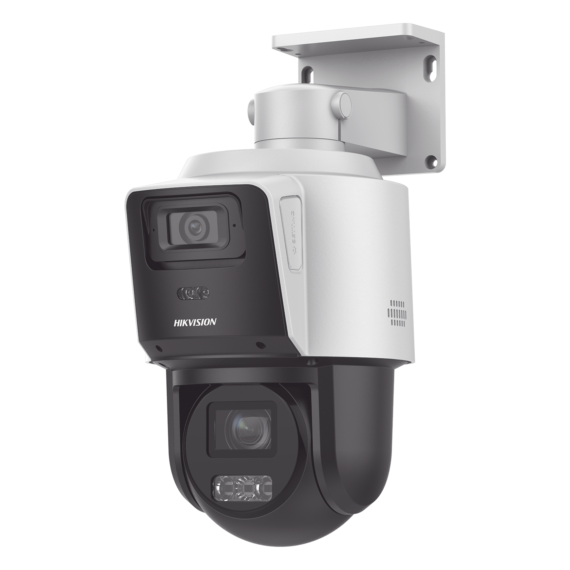 Cámara PTZ IP TandemVu / 4 Megapixel / Zoom Óptico 4X / Dual Light IR 40 m (131.2 ft) + Luz Blanca 30 m (98.4 ft) / WDR 120 dB / AcuSense / Audio Bidireccional / IP66 / PoE+ — HIKVISION · SKU DS-2SE3C404MWG-E/14
