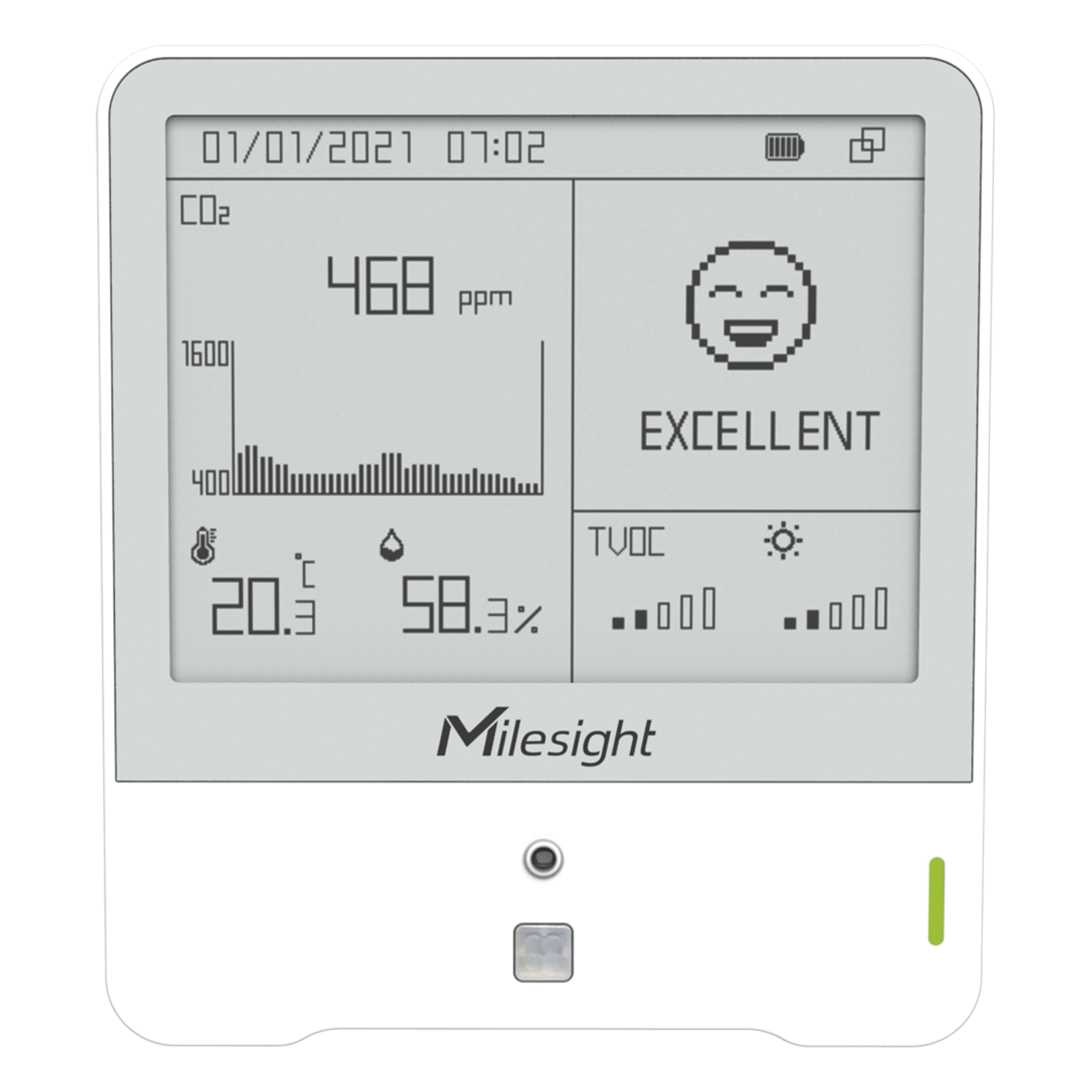 Monitor Ambiental IAQ / 9 Sensores CO2-TVOC / Display E-Ink 4.2 Pulgadas / LoRaWAN / Certificación WELL / Detección de Presencia — MILESIGHT · SKU AM307-915M