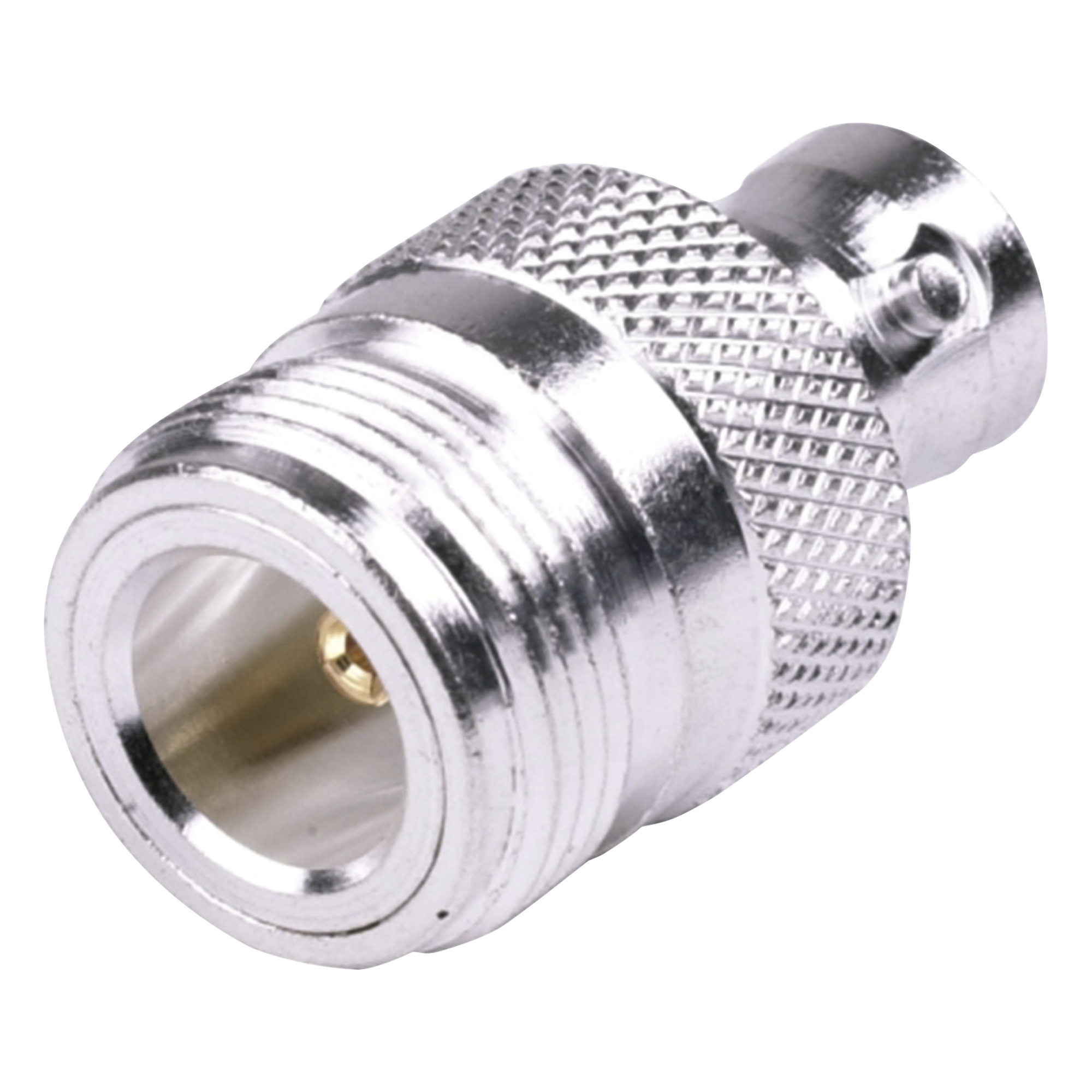 Adaptador Coaxial en Línea / N Hembra a BNC Hembra / Cuerpo Bronce Plateado / Contacto Oro / Aislante Teflón — RF INDUSTRIES,LTD · SKU RFN-1039-1
