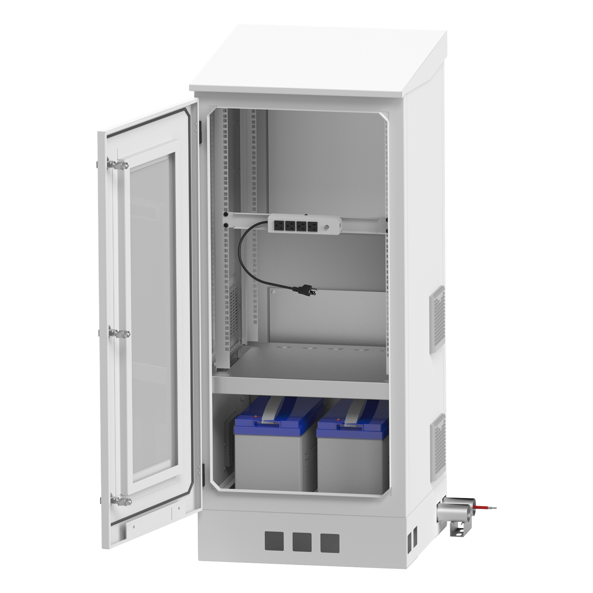 Gabinete de Piso Exterior / Rack 19" 16 U / Ventiladores con Termostato / IP-54 / Espacio para 2 Baterías / 110 VCA / 600 x 1429 x 5 mm