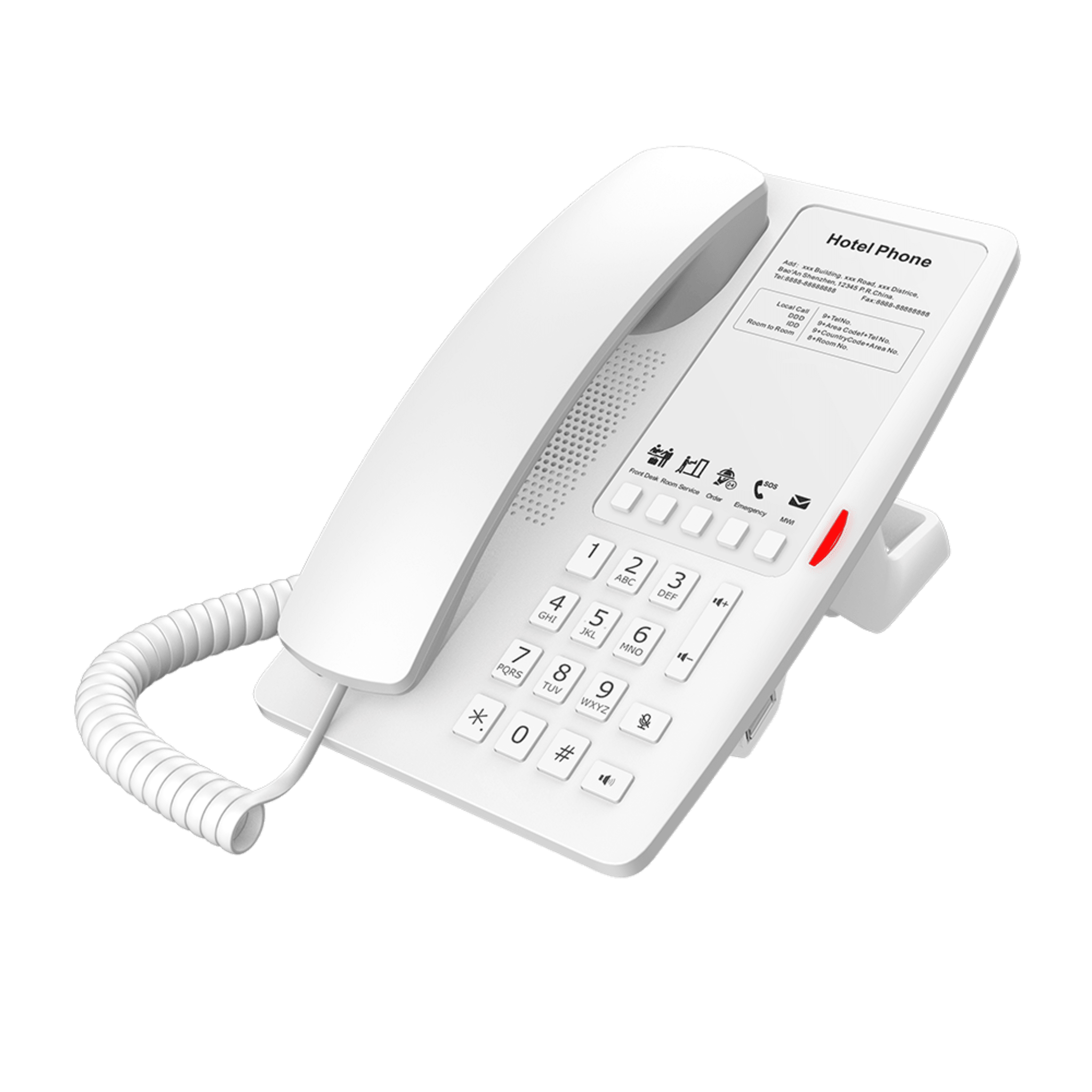 Teléfono IP Hotelero / 2 Líneas SIP / 5 Teclas Programables / Puerto USB-A de Carga / PoE 802.3af / Diseño Blanco / Audio HD Manos Libres