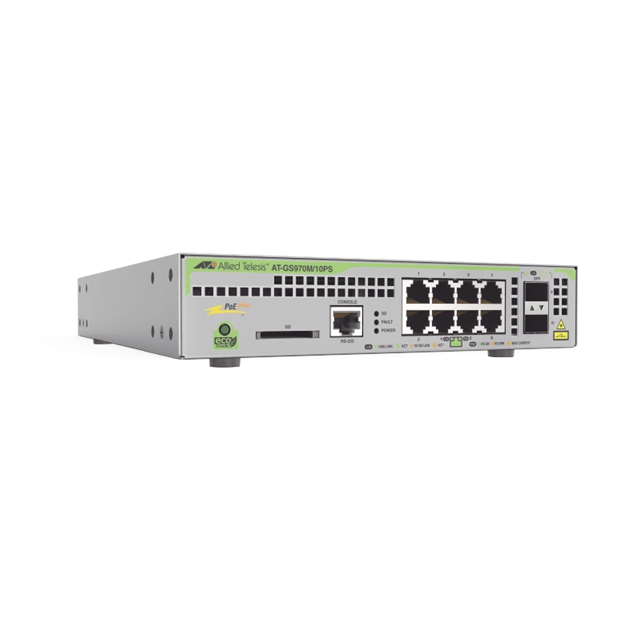Switch PoE+ Administrable / 8 Puertos Gigabit / 2 SFP Uplink / 124 W PoE / Capa 3 — ALLIED TELESIS · SKU AT-GS970M/10PS-R-10