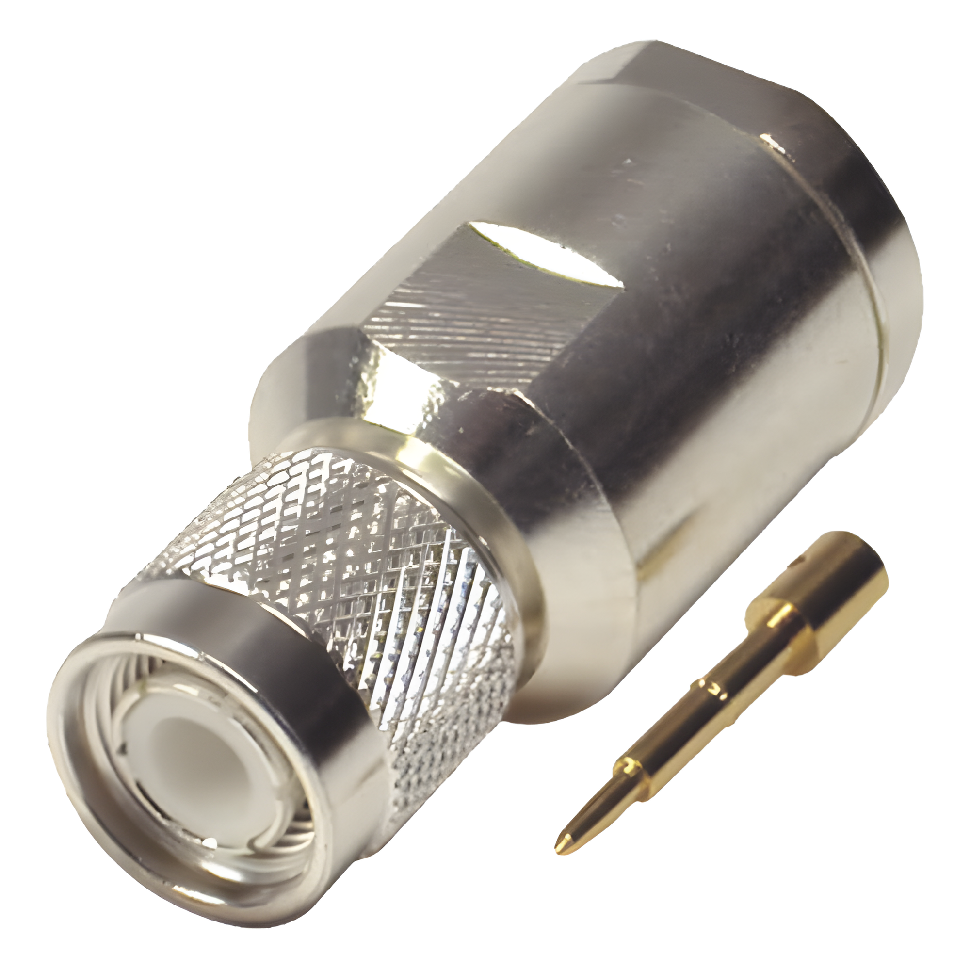 Conector Coaxial TNC Macho / 50 Ohm / Rosca / Para Cable LMR-400 y Equivalentes / Cuerpo Bronce Plateado / Contacto Oro / Aislante Teflón — RF INDUSTRIES,LTD · SKU RFT-1201-SI