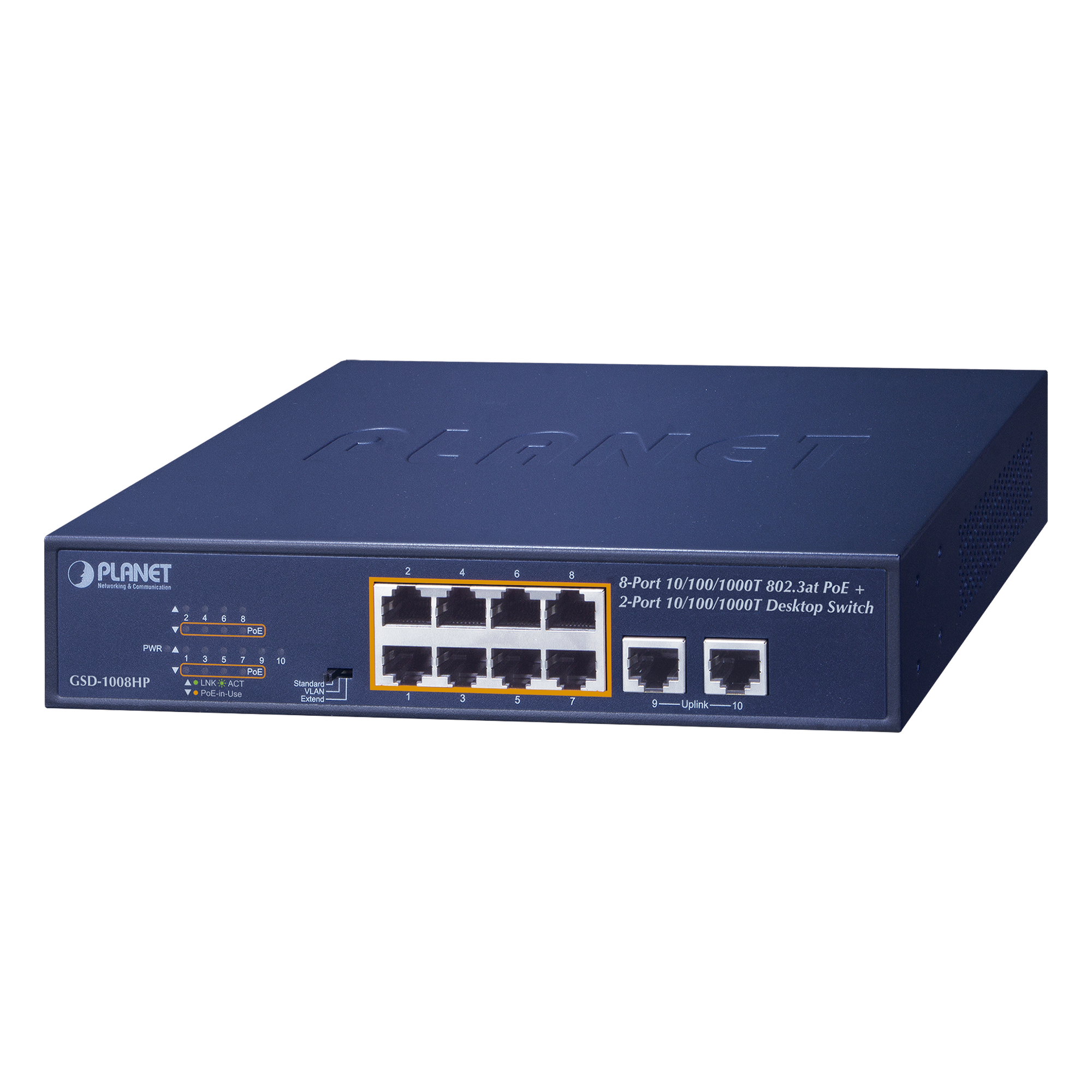 Switch PoE+ / 8 Puertos Gigabit 802.3at / 2 Puertos Uplink / Presupuesto PoE 120 W / Alcance Extendido 250 m (820.2 ft) / Rackeable 1U — PLANET · SKU GSD-1008HP
