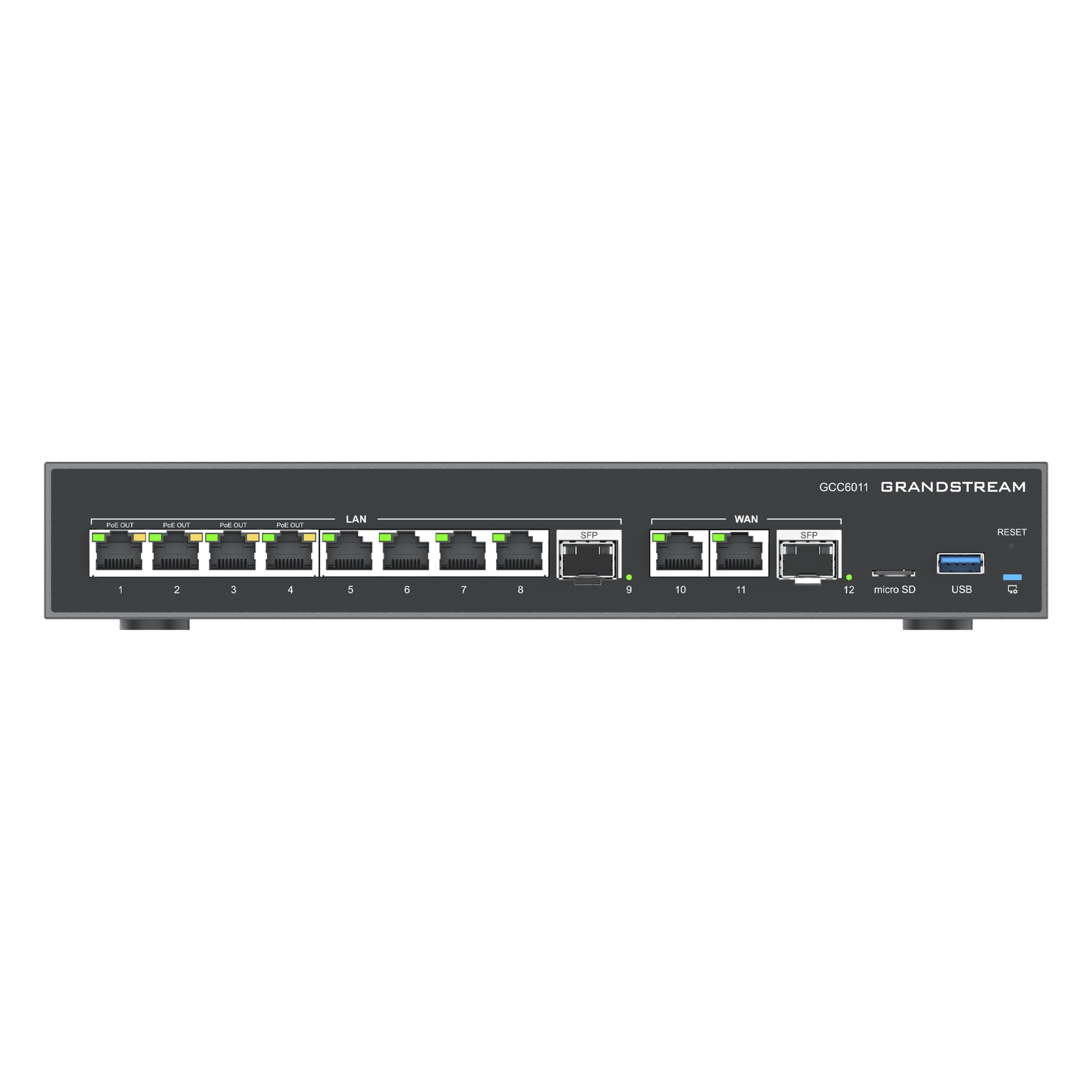 Firewall NG / Router VPN 3 Gbps / IP PBX 12 Usuarios / Switch 10 Puertos Gigabit / 4 Puertos PoE / 2 SFP 2.5G / Wi-Fi 6 Dual Band — GRANDSTREAM · SKU GCC6011