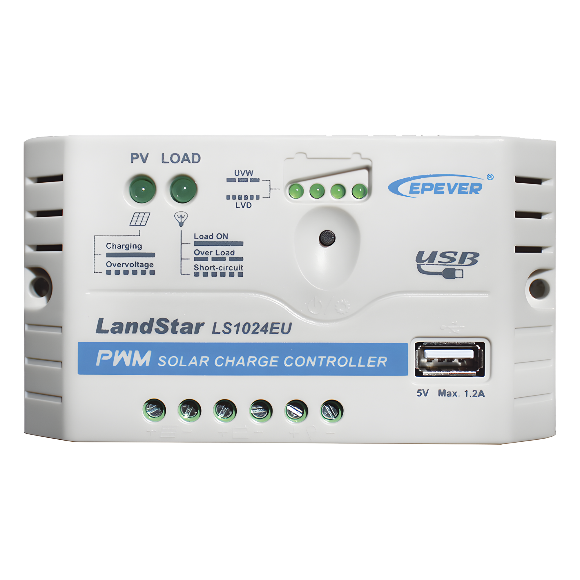 Controlador de Carga Solar PWM / 10A / 12/24V Auto / USB 5V/2A / Tierra Positivo Común / LED — EPEVER · SKU LS-1024-EU