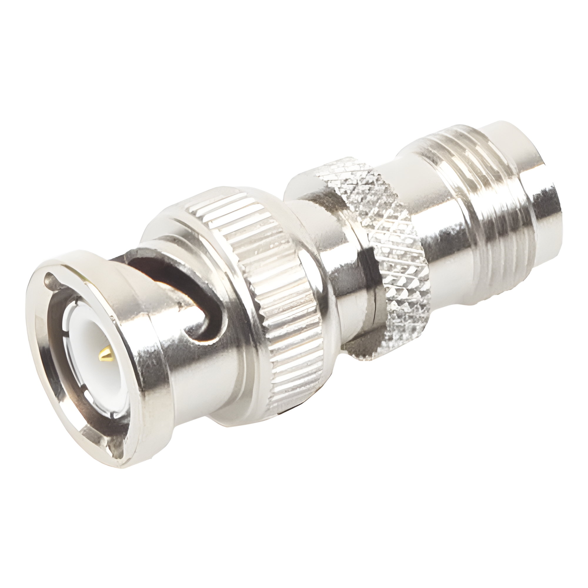 Adaptador RF Coaxial / TNC Hembra a BNC Macho / Montaje en Línea / Cuerpo Bronce Niquelado / Contacto Oro / Aislante Teflón — RF INDUSTRIES,LTD · SKU RFT-1230