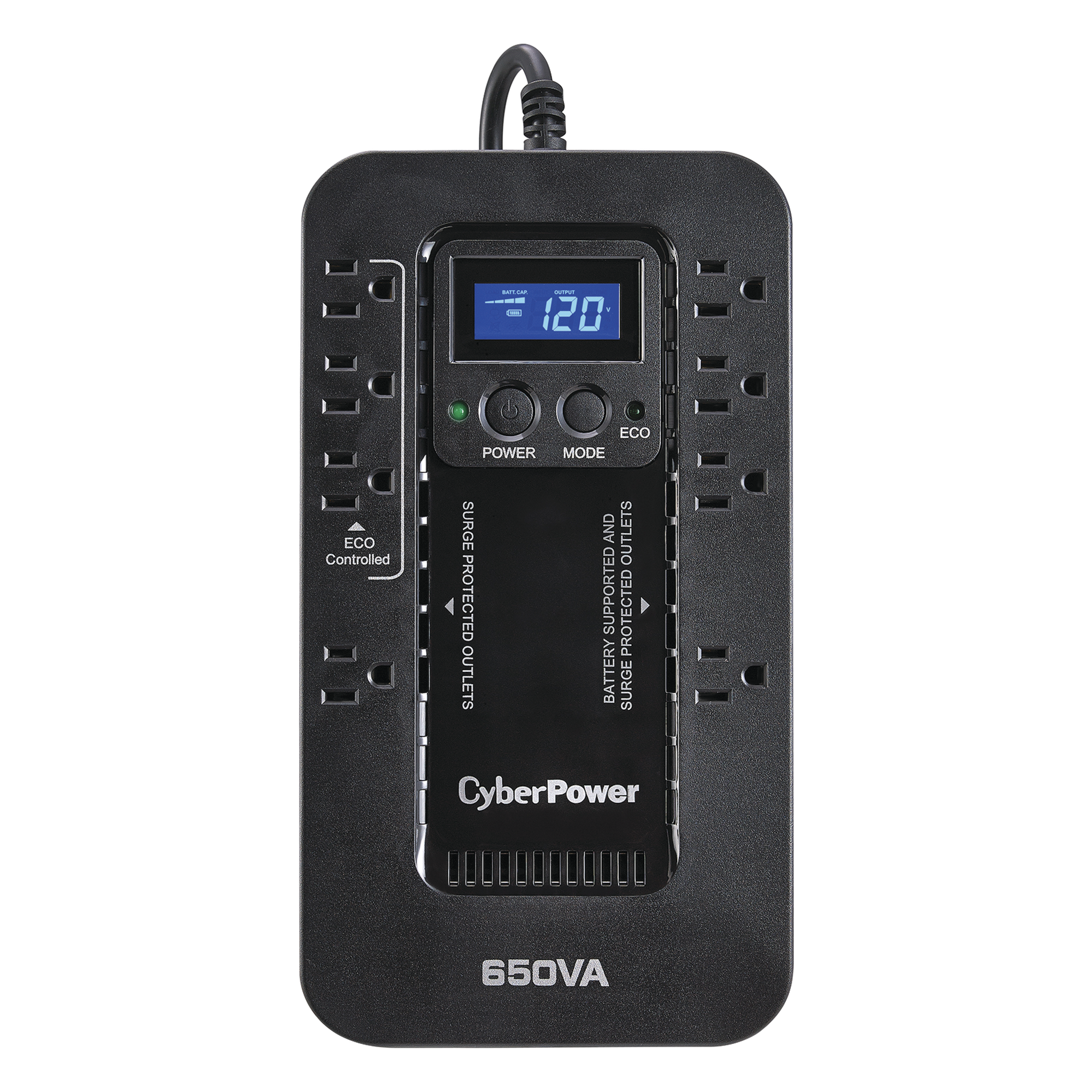 UPS / 650 VA / 390 W / Standby ECO / 120 Vca / 8 NEMA 5-15R / 526 J — CYBERPOWER · SKU EC650LCD