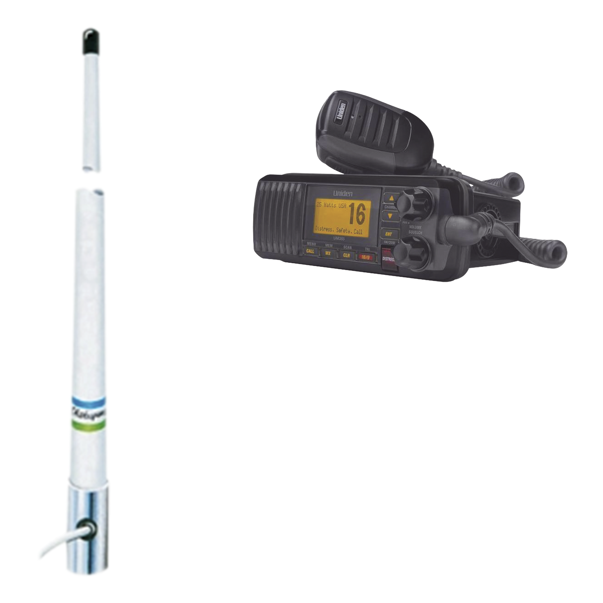 Radio Móvil VHF Marino / 25 Watts / GPS Integrado / DSC Clase D / IPX4 / Pantalla LCD Grande / Antena Shakespeare 5101 Fibra de Vidrio — UNIDEN · SKU UM-385BK/5101