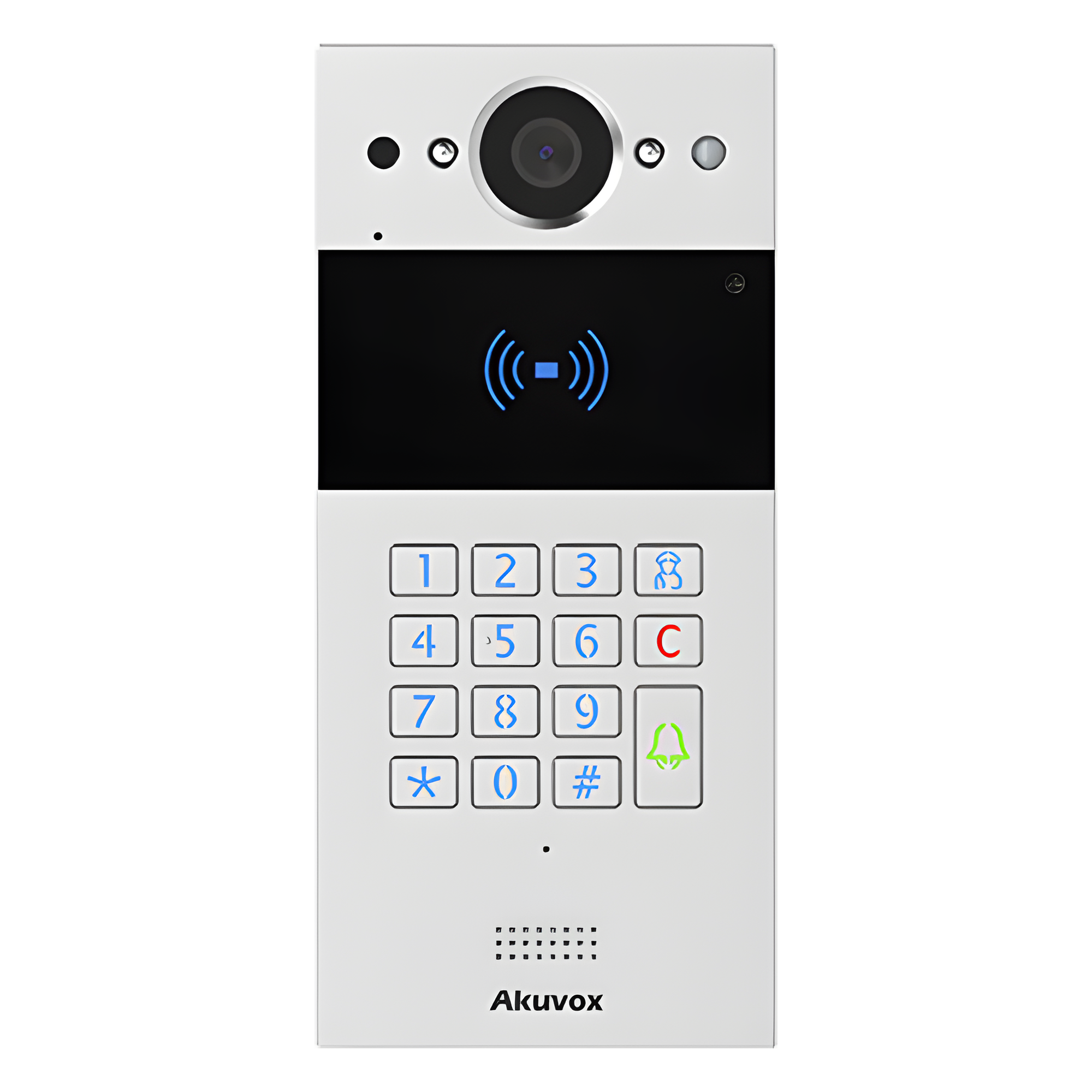 Videoportero IP SIP / 2 Megapixel / Teclado y Lector NFC+RFID 125 kHz / Control de 2 Puertas / PoE / IP65 / Notificación App y Llamada Telefónica / PIN Temporal — AKUVOX · SKU R20KSIP