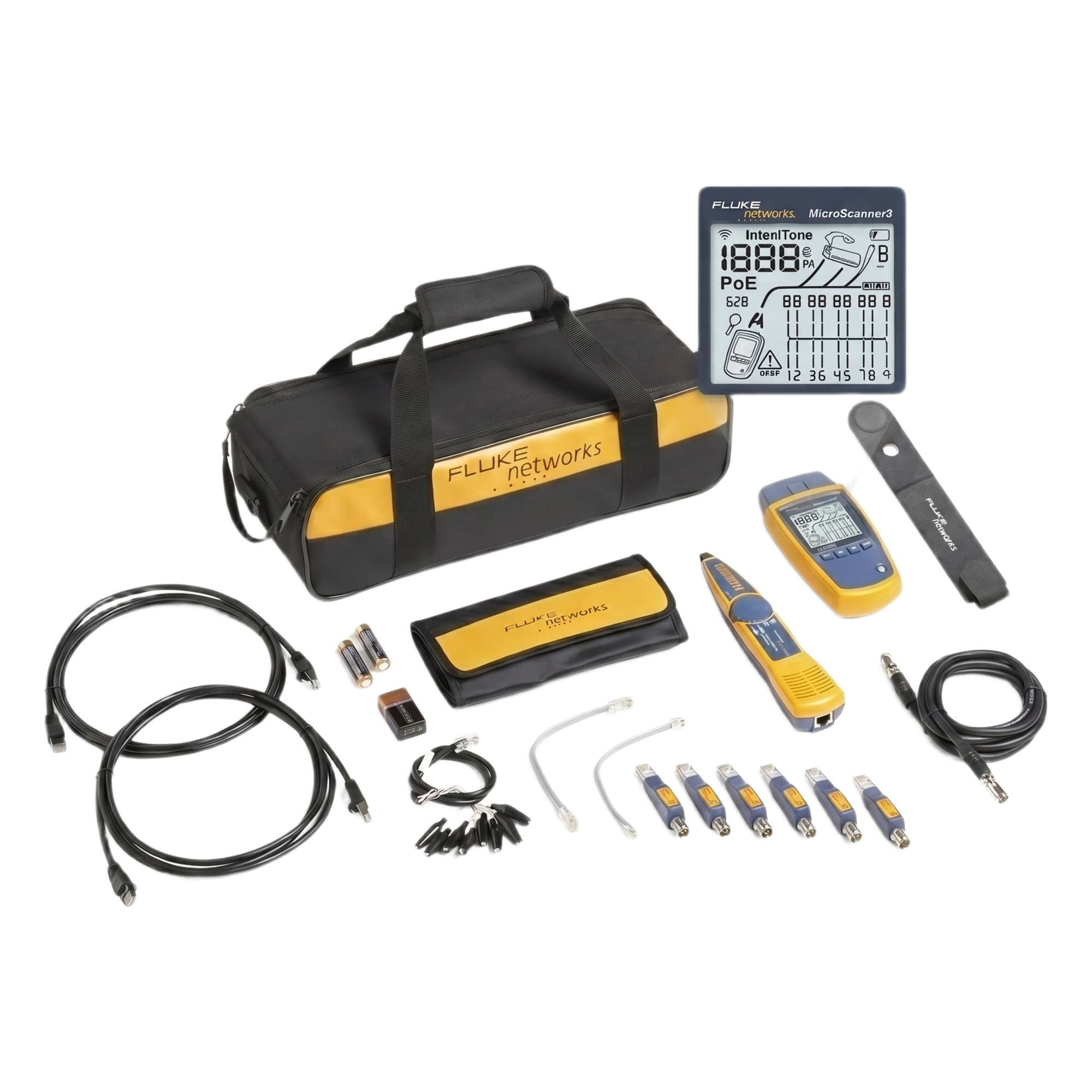 Kit Verificador de Red / Comprobación Voz-Datos-Video / Pantalla LCD Retroiluminada / Detección PoE 90W / Sonda Intellitone Pro 200 / 295 ft (90 m) — FLUKE NETWORKS · SKU MS2-KIT
