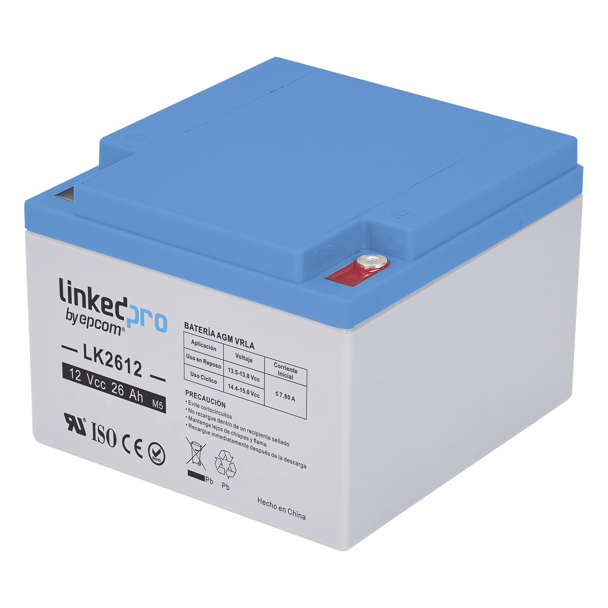 Batería de Respaldo AGM / 12 V / 26 Ah / Vida Útil 5 Años / Terminales M5 / Certificación UL — LINKEDPRO BY EPCOM · SKU LK2612