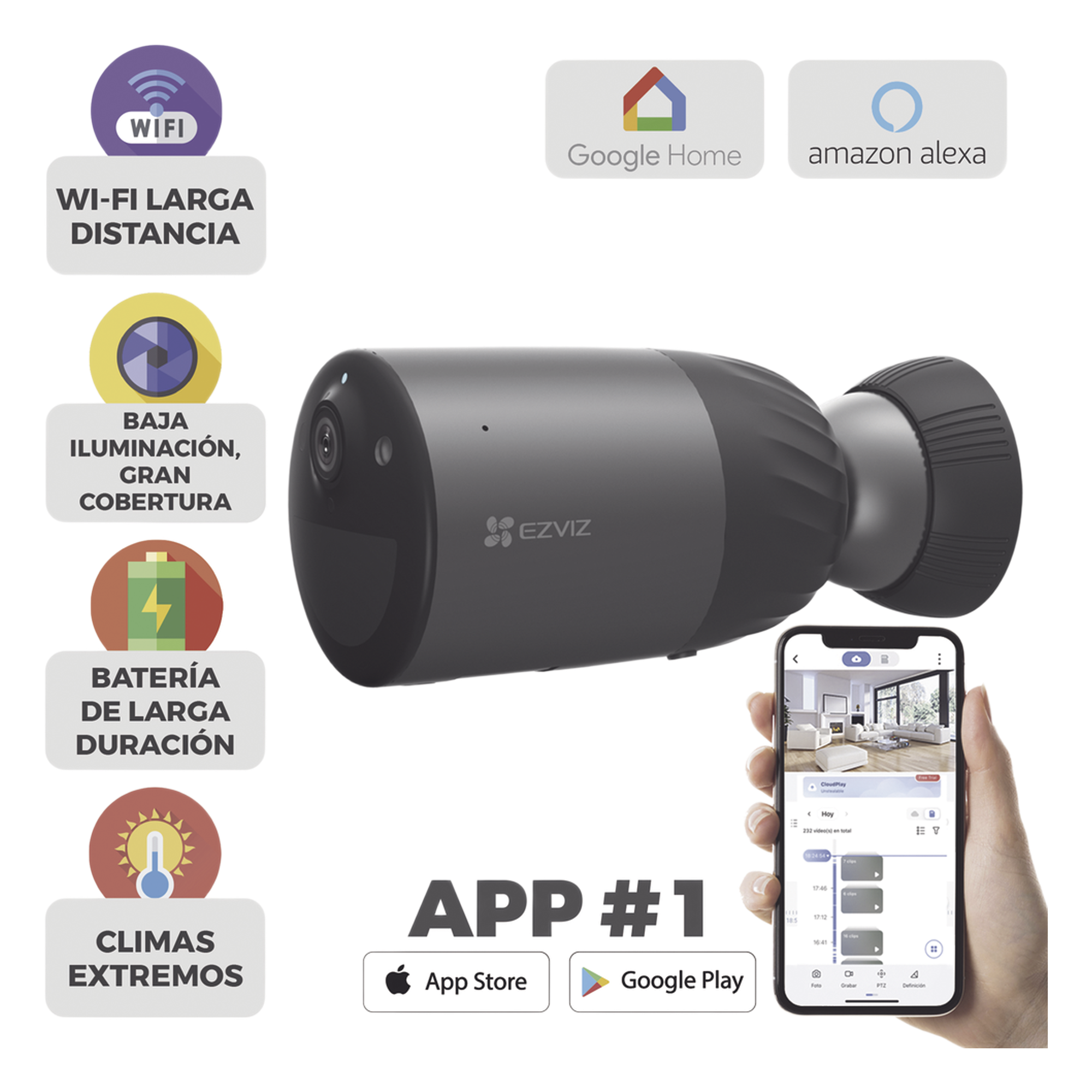 Cámara IP Inalámbrica / 2 Megapixel / Batería Recargable 7800 mAh / Visión Nocturna Color 10 m (32.8 ft) / Wi-Fi 2.4 GHz / IP66 / Audio Bidireccional / Sirena Integrada — EZVIZ · SKU CS-BC1C