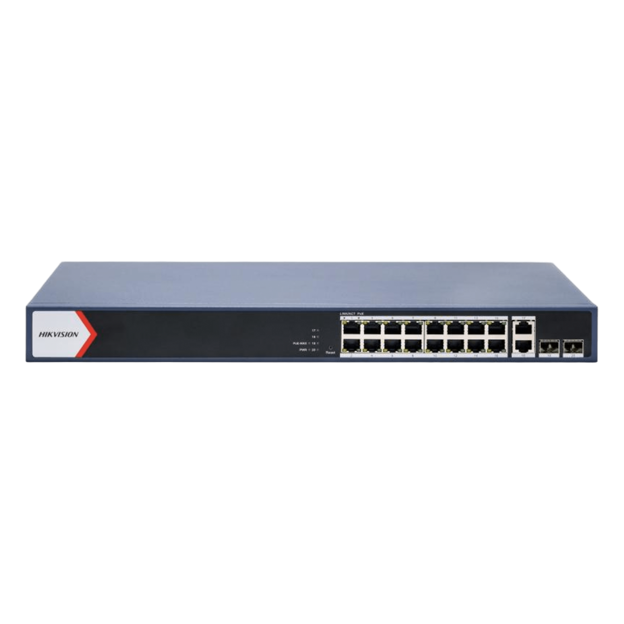 Switch PoE+ Administrable / 16 Puertos 1000 Mbps PoE+ / 2 Puertos Uplink 1000 Mbps / 2 Puertos SFP / Alcance Extendido 300 m (984.3 ft) / 230 W — HIKVISION · SKU DS-3E1520P-EI