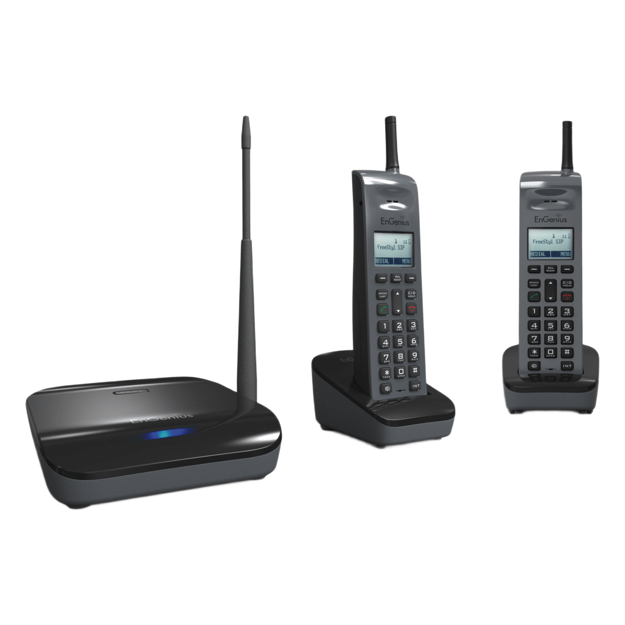Sistema Telefónico Inalámbrico SIP / 902-928 MHz / 10 Cuentas SIP / 4 Llamadas Simultáneas / Cobertura 6 Pisos / Base + 2 Teléfonos — ENGENIUS · SKU FREESTYL-SIP2