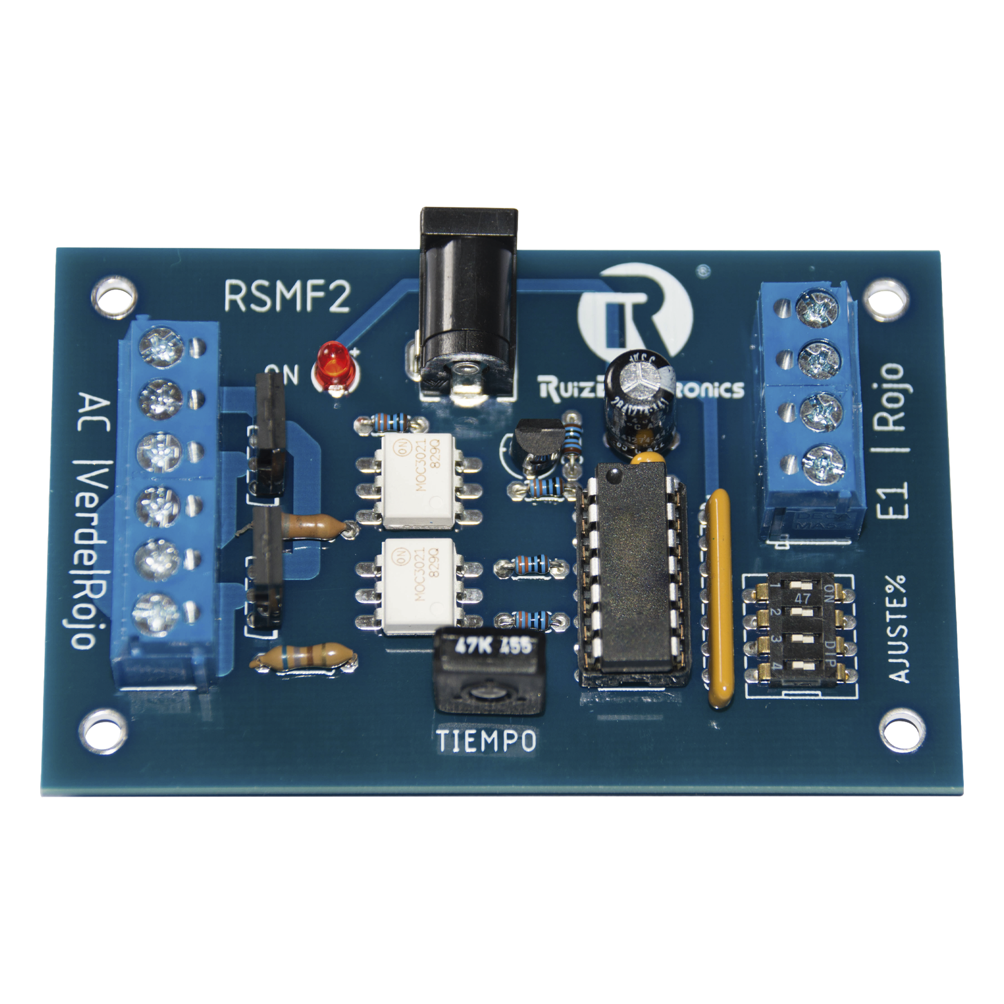 Tarjeta de Control para Semáforos / Gestión Aleatoria de Estados / Tiempo Ajustable 0.5-10 s / Contacto Seco / 12 VCC 500 mA / Modo Siempre Rojo — Ruiz Electronics · SKU RSMF2R