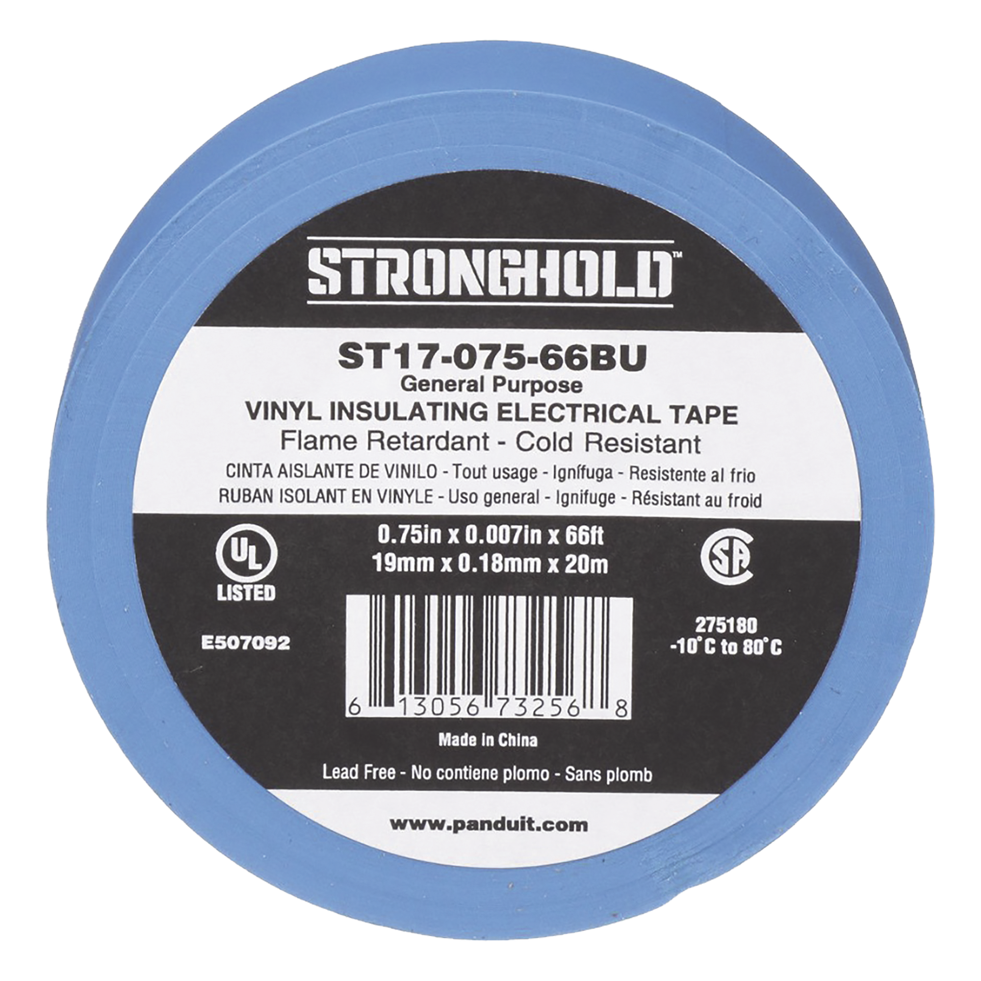 Cinta Aislante Eléctrica / PVC 0.18 mm / 19 mm x 20.12 m (66 ft) / Aislamiento 600V / Rango -10°C a 80°C / Ignífuga UL 510 — PANDUIT · SKU ST17-075-66BU