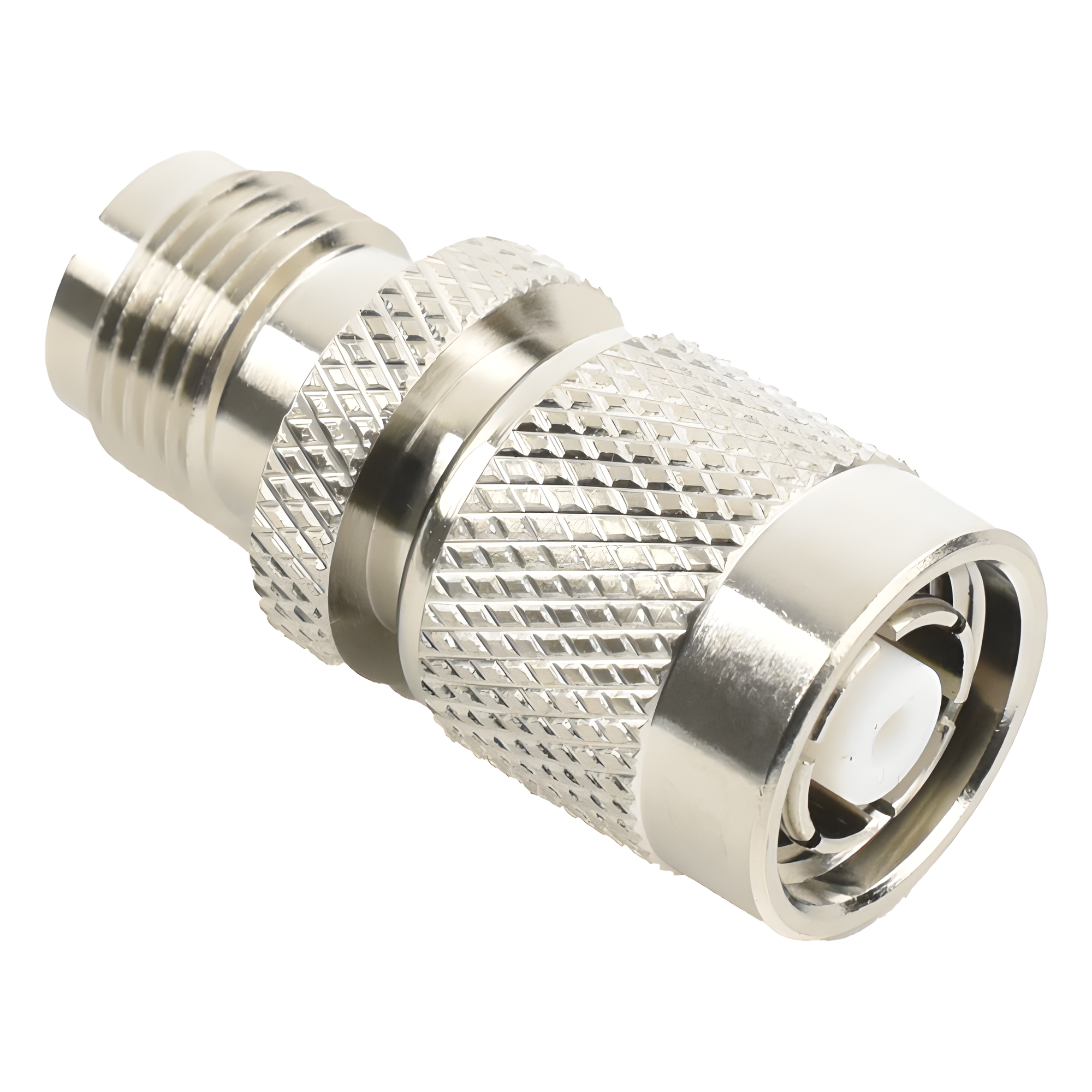 Adaptador RF en Línea / Conector TNC Macho Inverso a TNC Hembra / Cuerpo Bronce Niquelado / Contacto Oro / Aislante Teflón