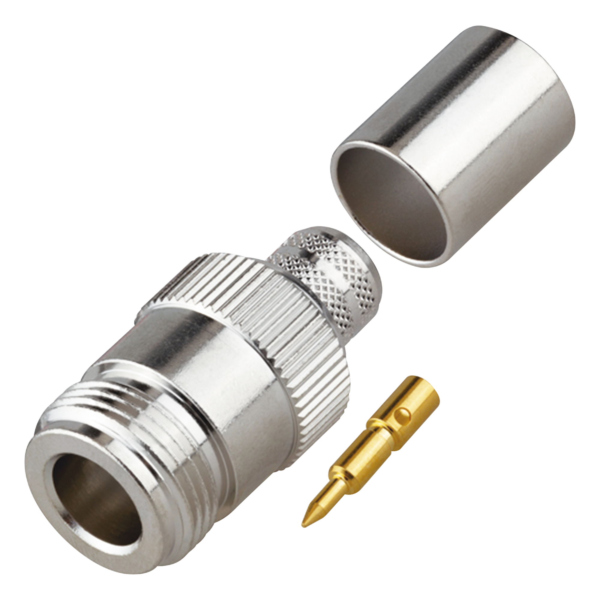 Conector RF Coaxial / N Hembra Inverso / Anillo Plegable / Cables RG-8/U, 9913, LMR-400 / Grupo I / Níquel-Oro-Teflón — RF INDUSTRIES,LTD · SKU RP-1028-I