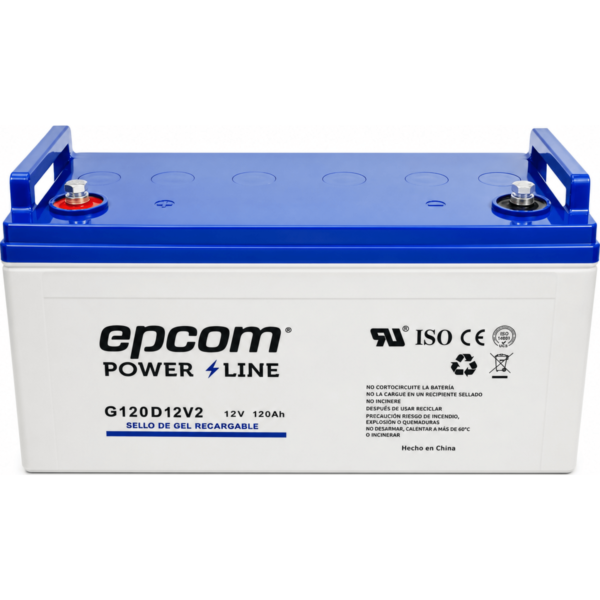 Batería GEL de Ciclo Profundo / 12 Vcc / 120 Ah / Descarga Máxima 1200 A / 18 Años en Flotación / Sellada Antifugas — EPCOM POWERLINE · SKU G120D12V2