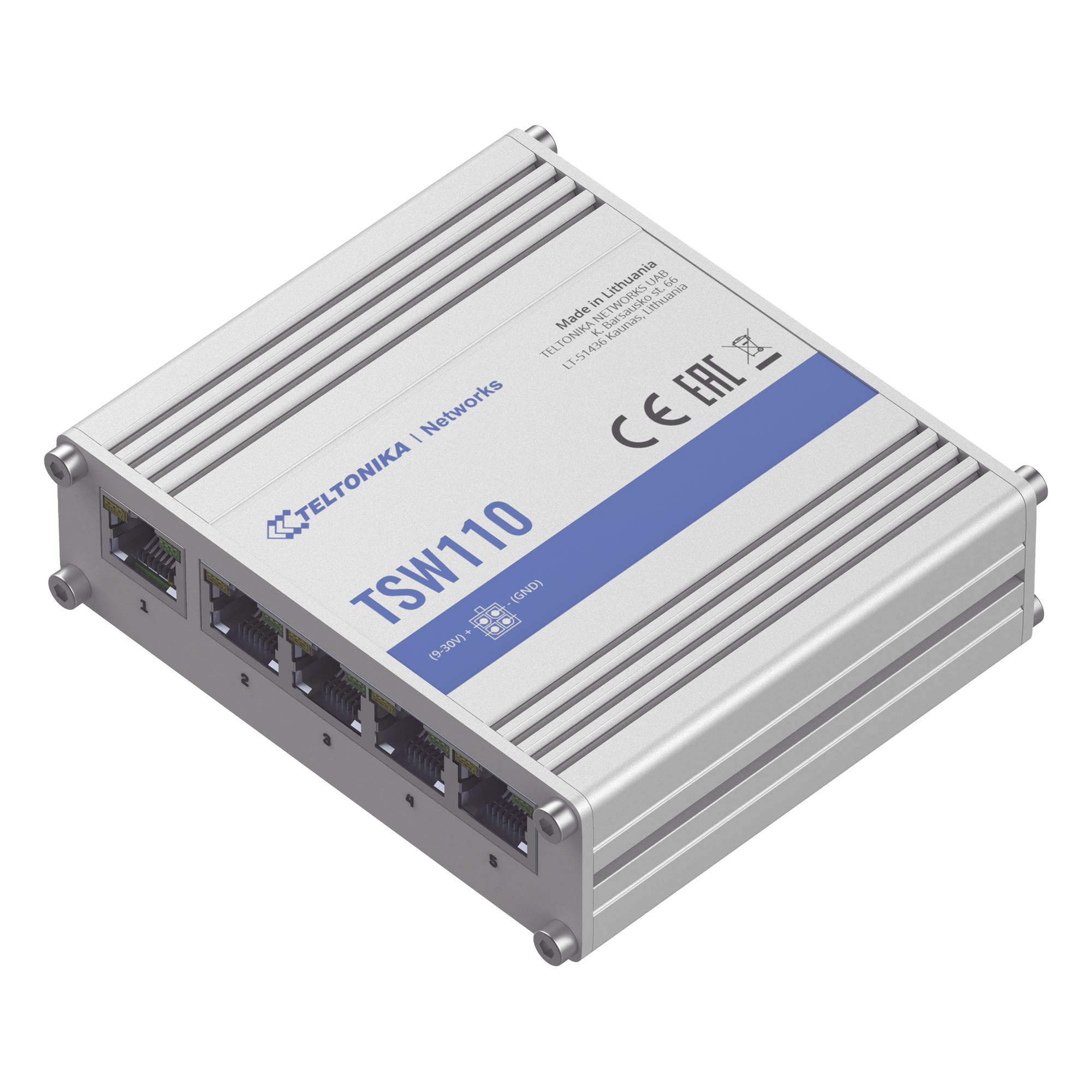 Switch Industrial No-Administrable / 5 Puertos Gigabit / Aluminio DIN / -40 a 75 °C / 9-30 VDC / 1.8 W / 10 Gbps Full Duplex — TELTONIKA · SKU TSW110