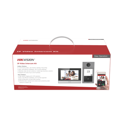 Kit de Videoportero IP PoE Estandar con llamada a App de Smartphone (Hik-Connect) / Apertura con Tarjeta MIFARE / Frente de calle IK08 & IP65 / Soporta 2 puertas