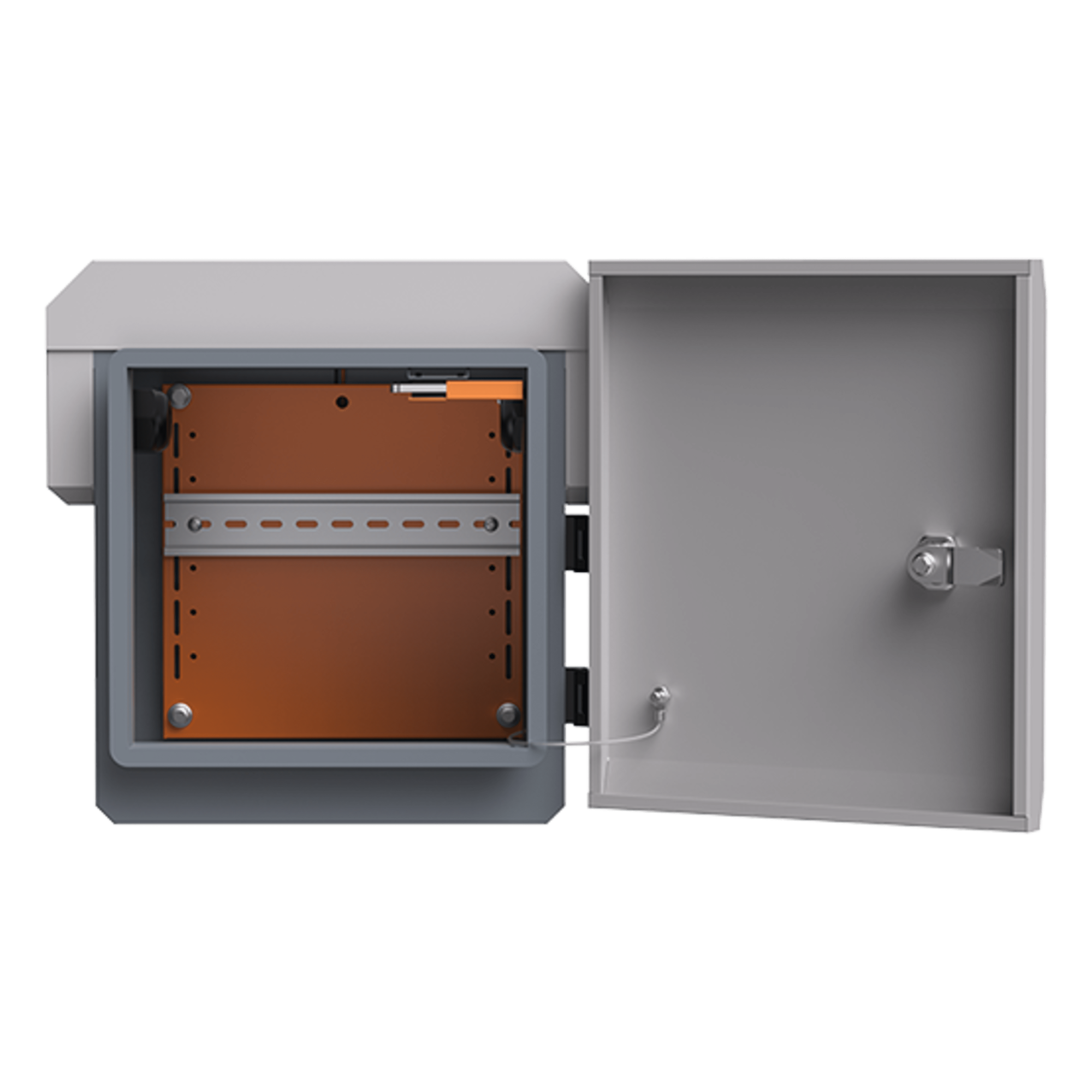 Gabinete de Protección IP55 / Acero SPCC / 250 x 250 x 180 mm / Rieles DIN / 4 Placas Laterales / Montaje Exterior