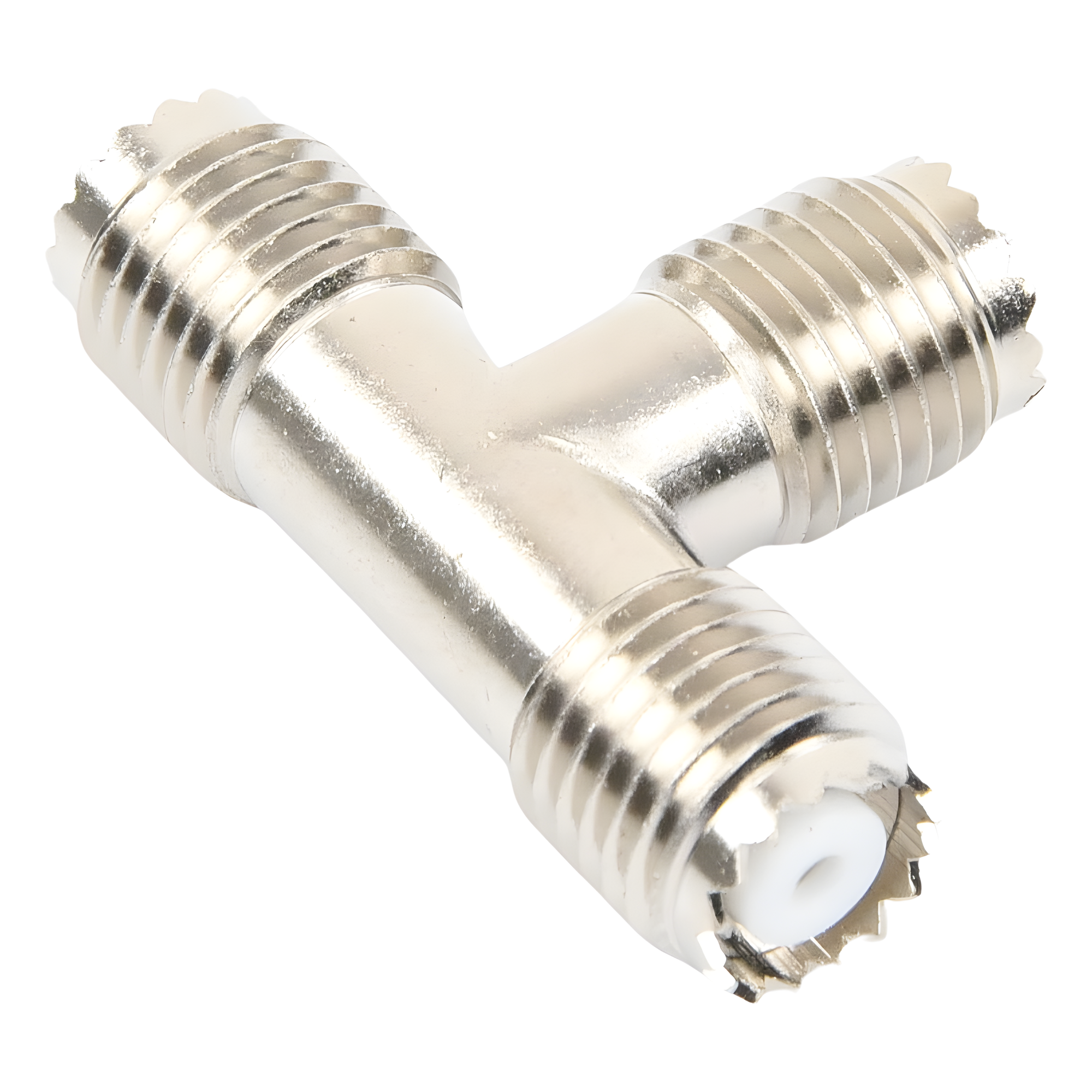 Adaptador RF en T / Triple Mini-UHF Hembra / Cuerpo Níquel / Contactos Plata / Dieléctrico Teflón