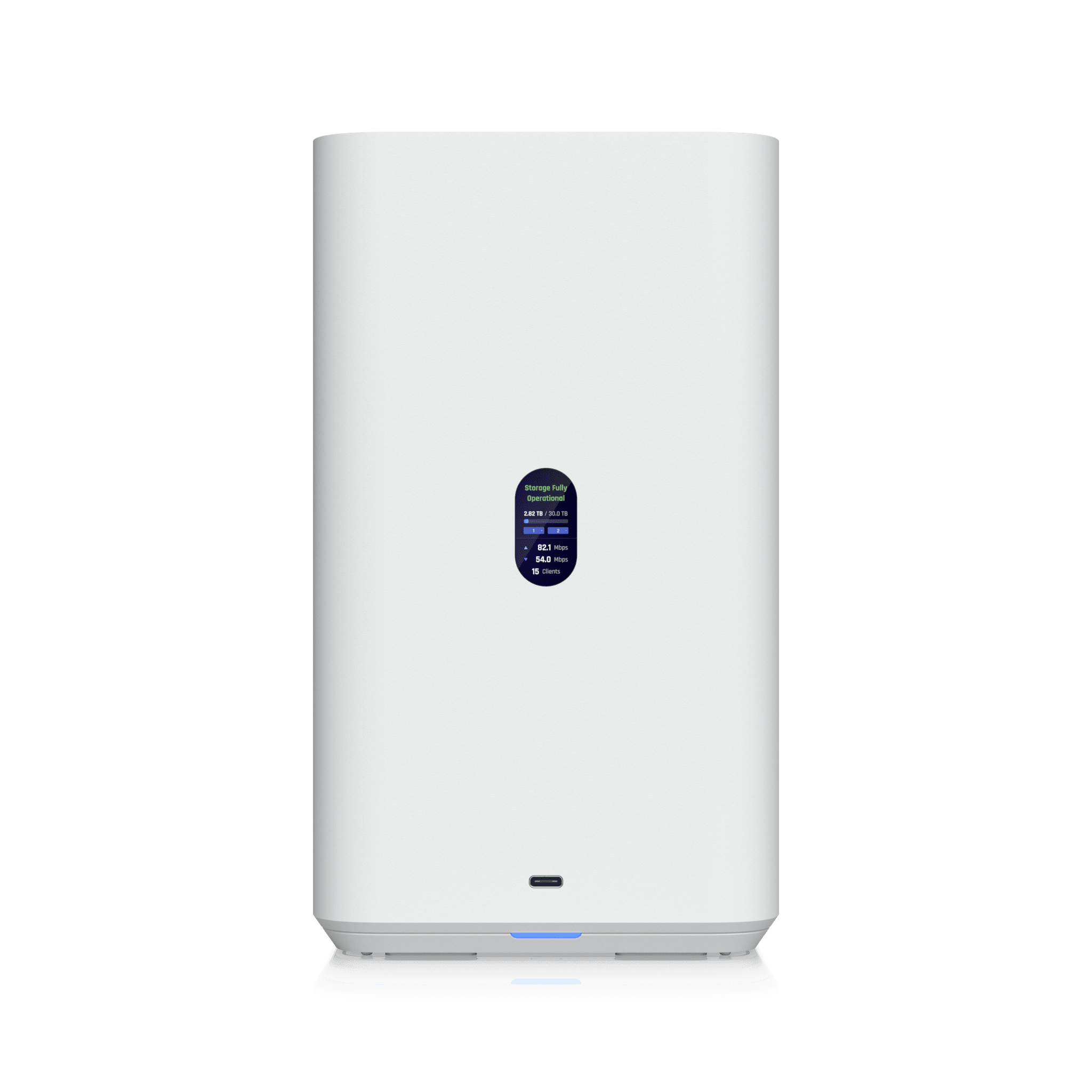 NAS Compacto de Escritorio / 2 Bahías 3.5" SATA / Puerto 2.5 GbE / USB-C 5 Gbps / PoE++ 60 W / Pantalla LCD 1.47" — UBIQUITI · SKU UNAS-2-W