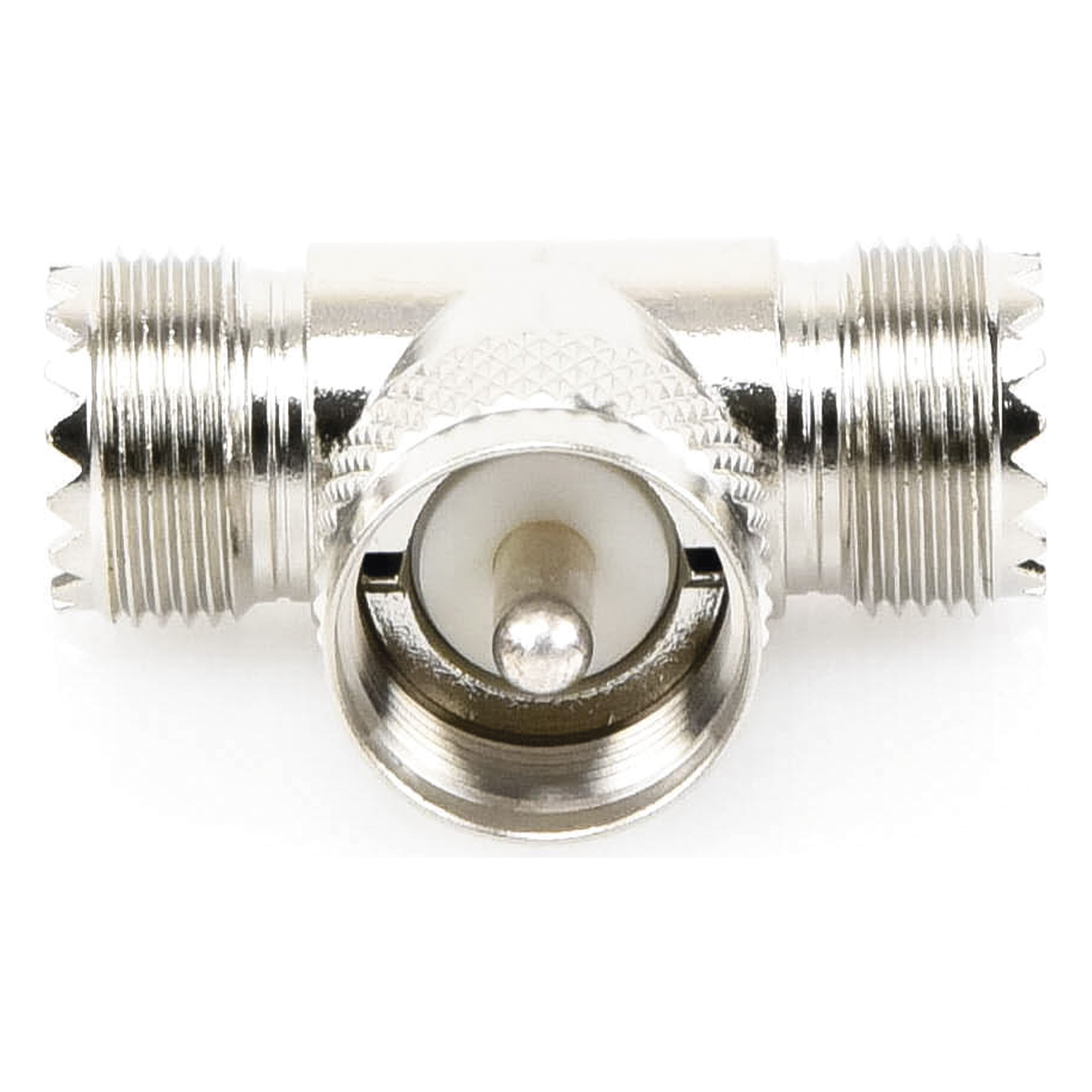 Adaptador RF en T / UHF Macho PL-259 a Doble UHF Hembra SO-239 / 50 Ohm / Níquel-Plata / Delrin