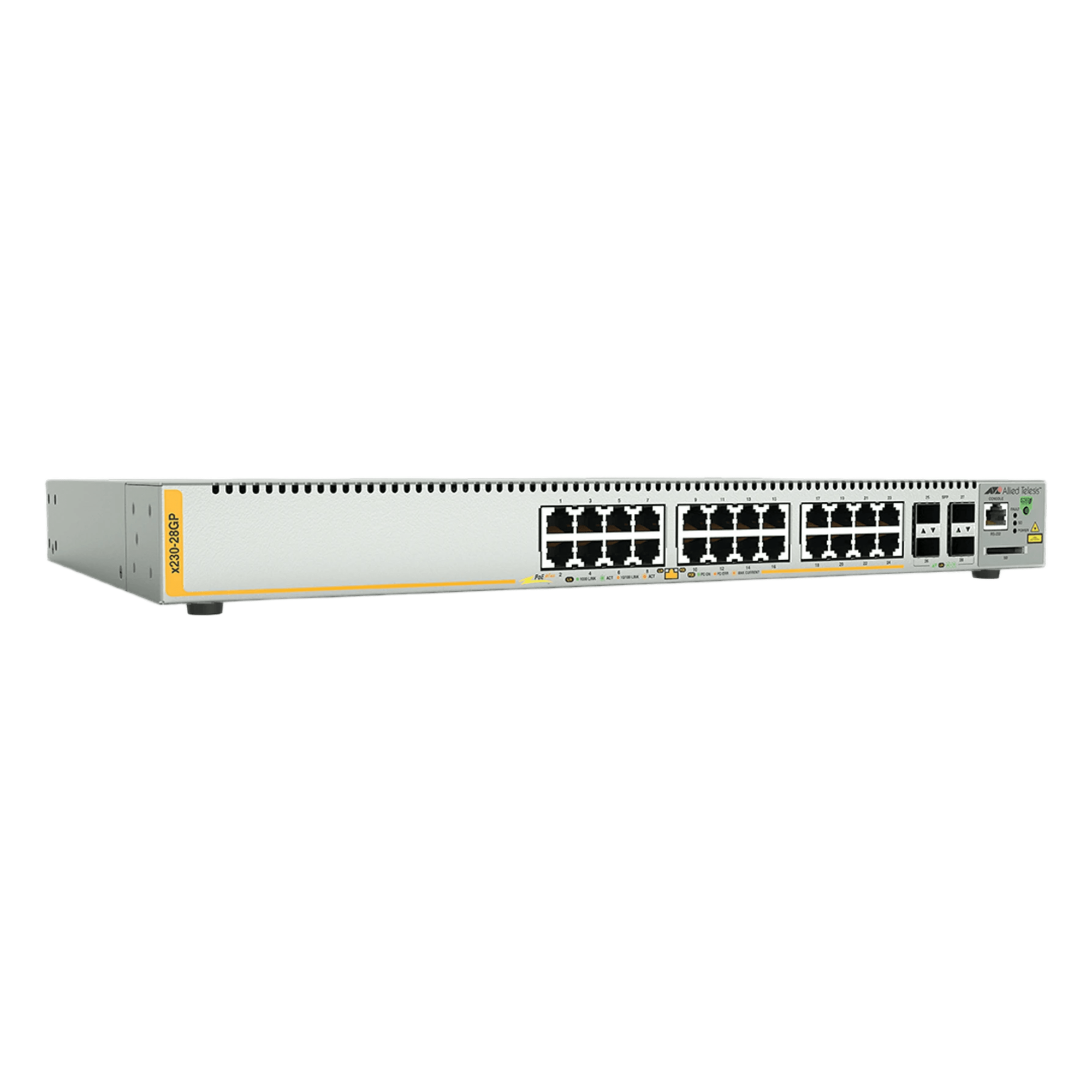 Switch PoE+ Administrable / 24 Puertos Gigabit / 4 SFP / Capa 3 / 370 W / 41.7 Mpps — ALLIED TELESIS · SKU AT-X230-28GP-90