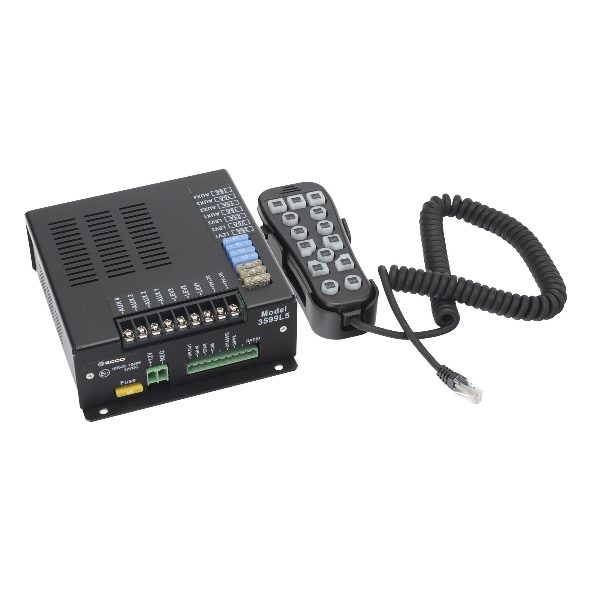 Sistema de Sirena Vehicular / 200W / Controlador Unimando 14 Botones / 7 Salidas Auxiliares / Micrófono PA / Certificación SAE J1849 — ECCO · SKU 3599L5