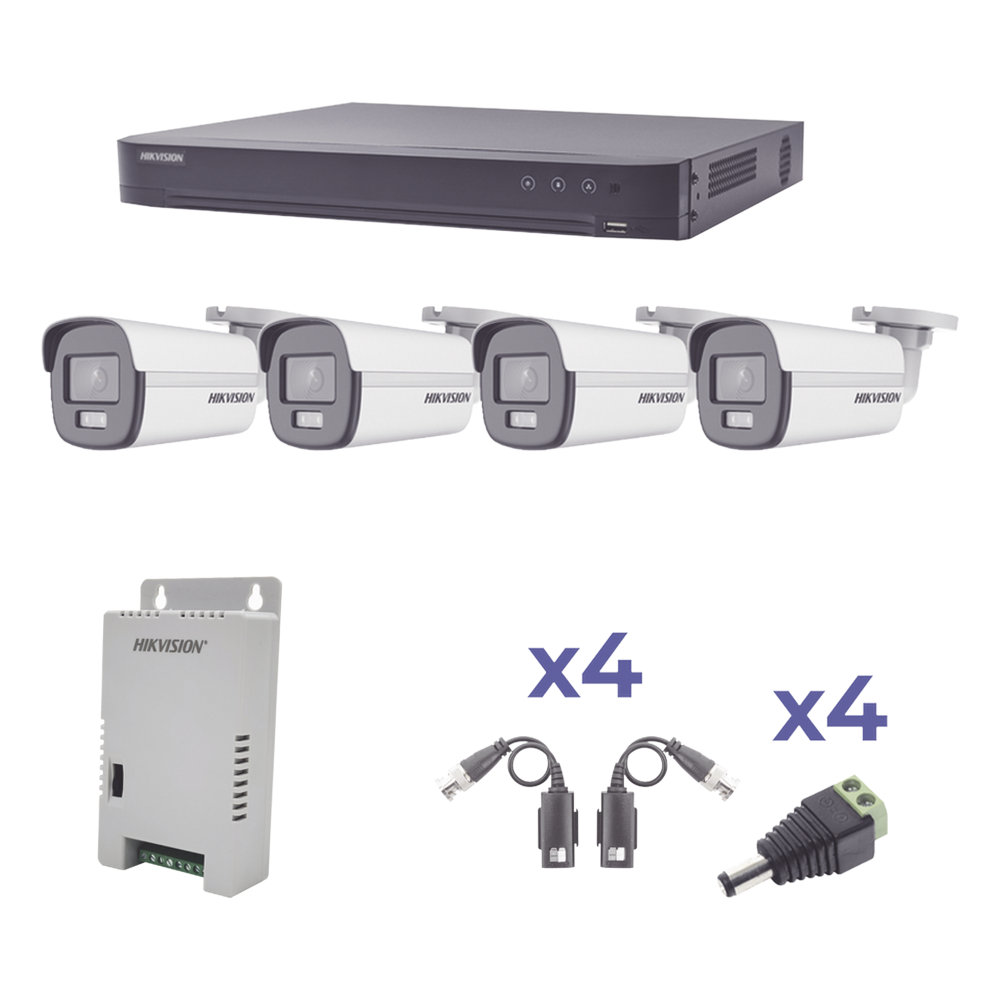 Kit de Videovigilancia TurboHD / 4 Canales / 4 Cámaras Bala 1080p / ColorVu 24/7 / Lente 2.8mm / 98° / Fuente Regulada / Transceptores UTP — HIKVISION · SKU KH1080P4BC