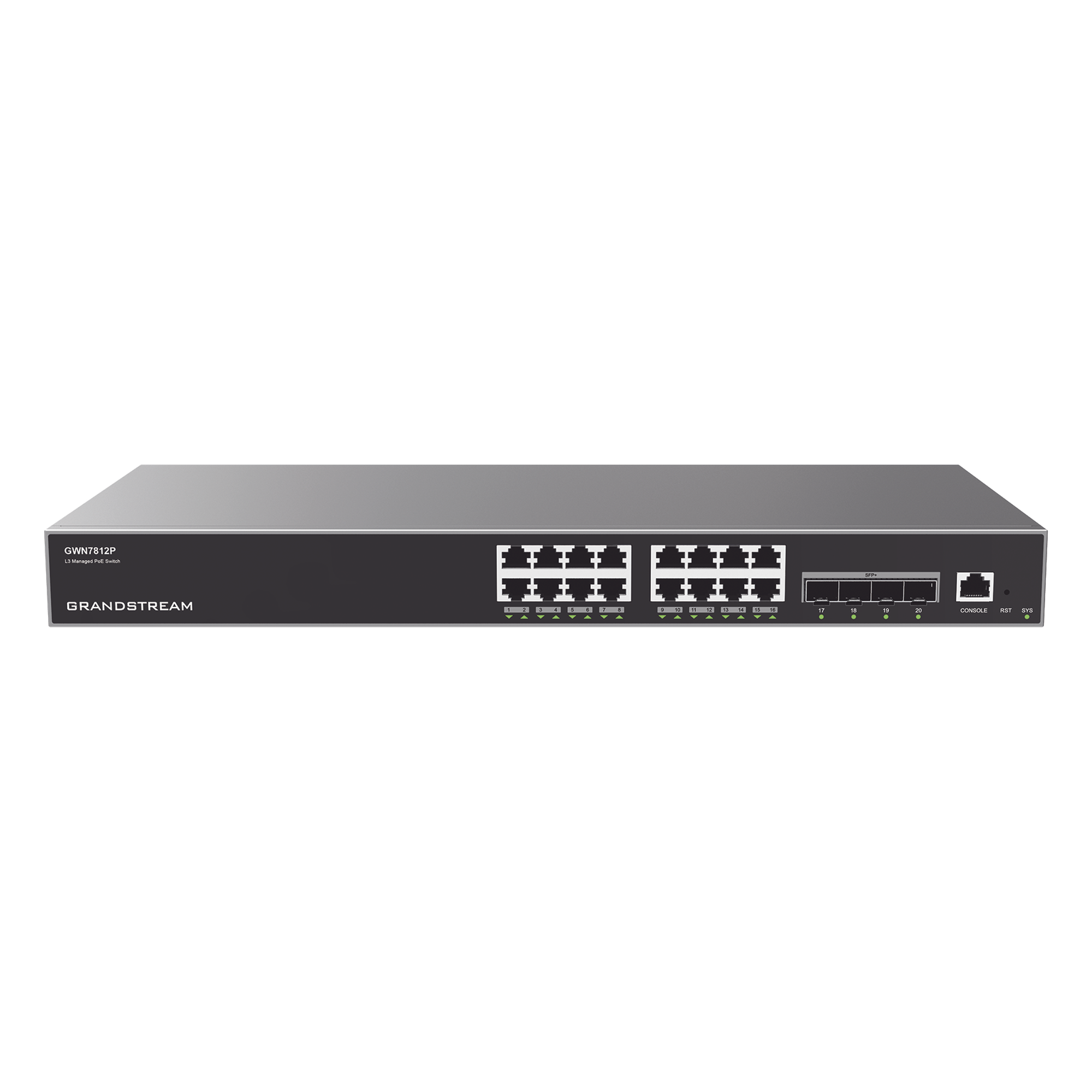 Switch Capa 3 PoE+ Administrable / 16 Puertos Gigabit + 4 SFP+ 10G / 240W PoE / 112 Gbps / Montaje en Rack — GRANDSTREAM · SKU GWN7812P