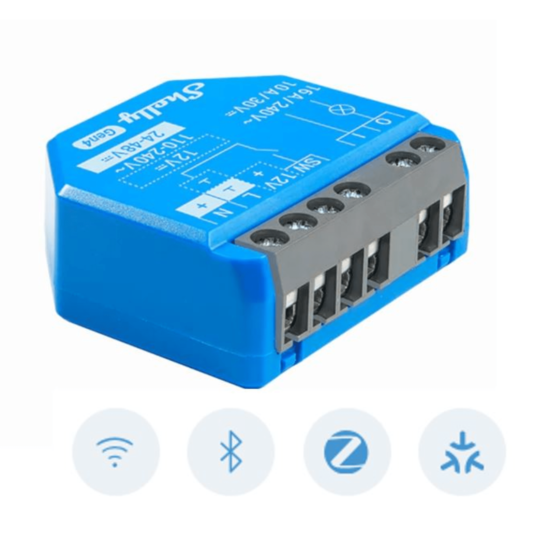 Relevador Inalámbrico Inteligente / 16A / 110-240V AC / 12V DC / Multiprotocolo Zigbee Matter Wi-Fi Bluetooth / 1 Canal / Contacto Seco — SHELLY · SKU SHELLY1GEN4
