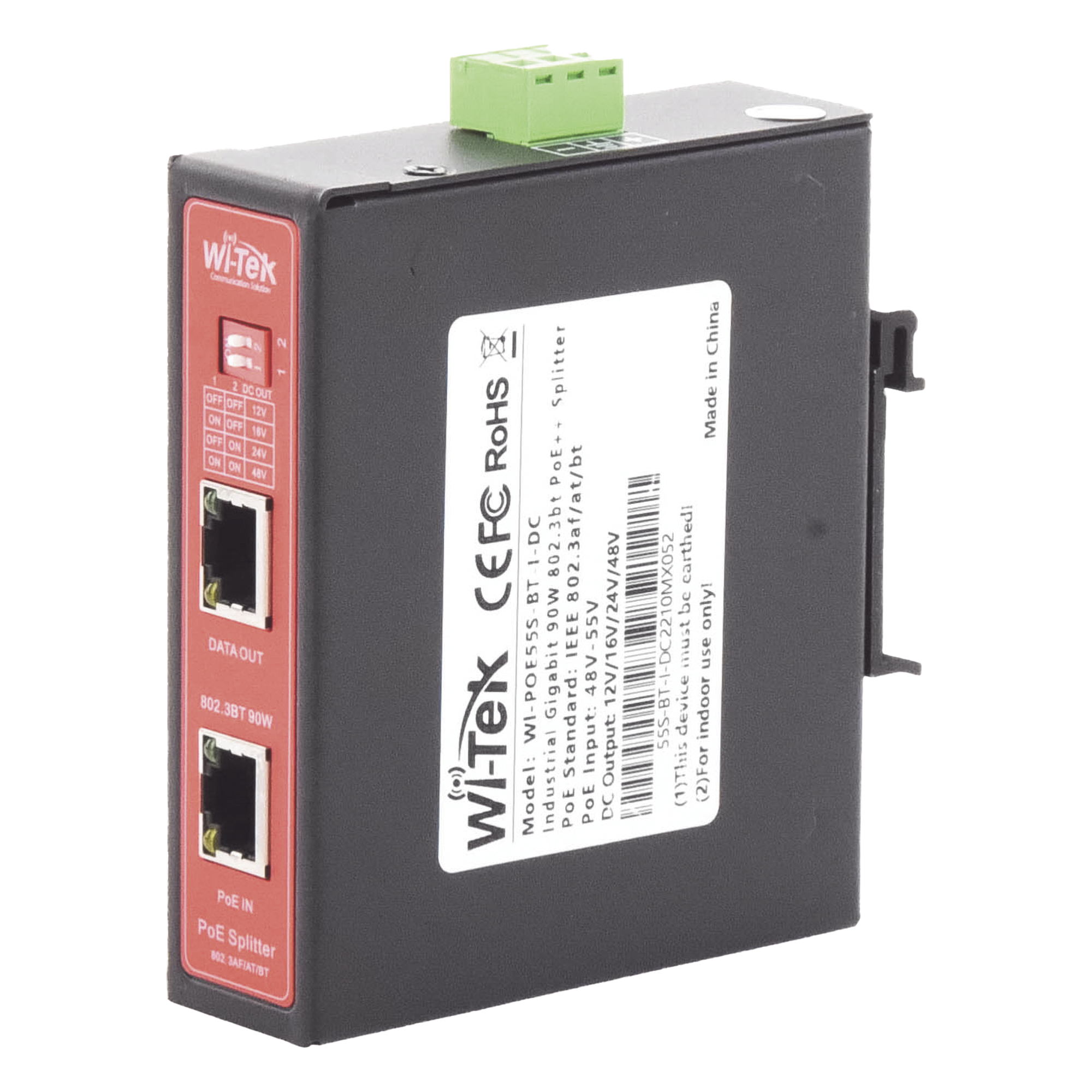Splitter PoE Industrial / Entrada 90 W 802.3bt / Salida DC Seleccionable 12V/16V/24V/48V / 2 Puertos Gigabit / Protección 6 kV / Riel DIN — WI-TEK · SKU WIPOE55SBTIDC