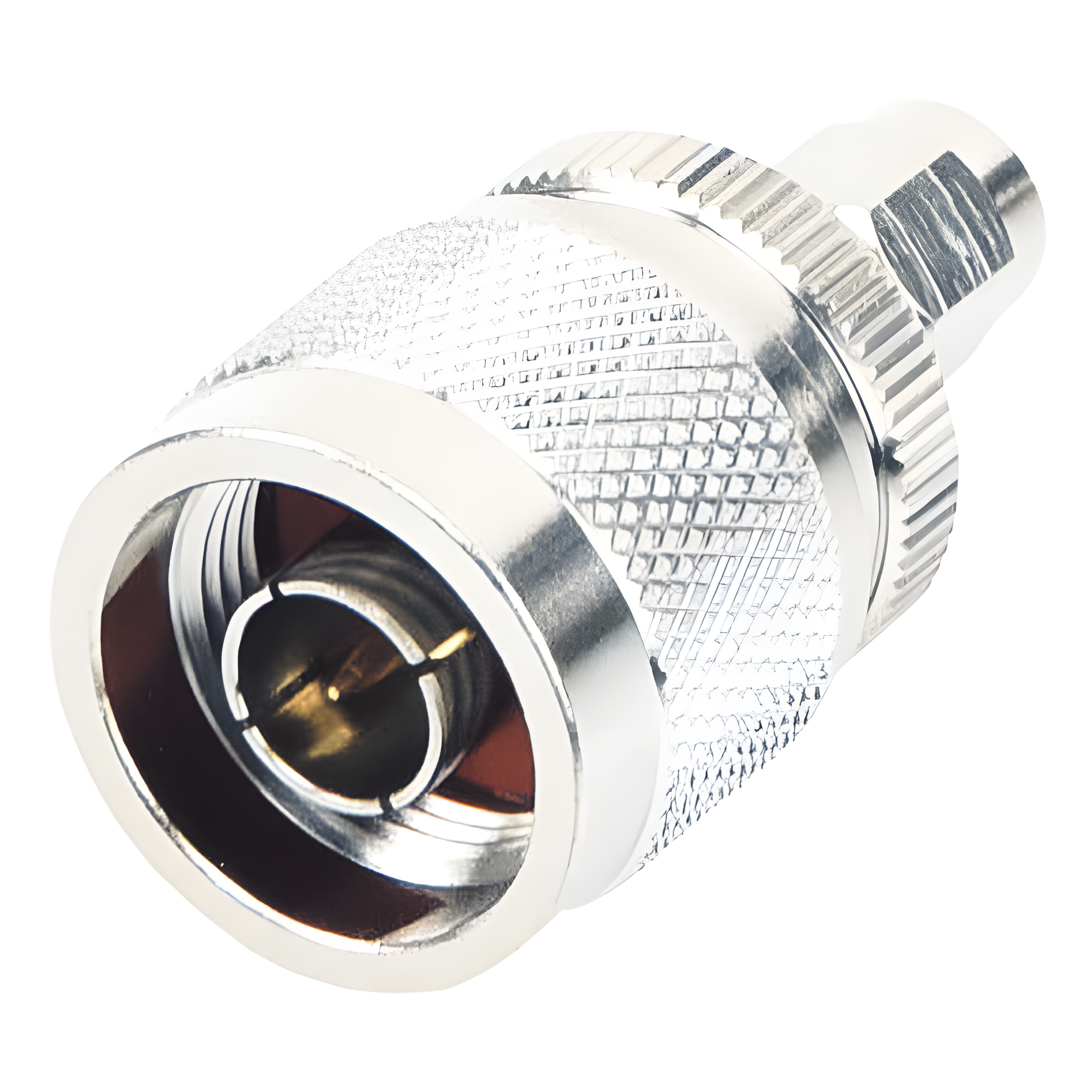 Adaptador RF en Línea / SMA Macho Inverso a N Macho / Cuerpo Bronce Niquelado / Contacto Oro / Aislante Teflón — RF INDUSTRIES,LTD · SKU RP-3453