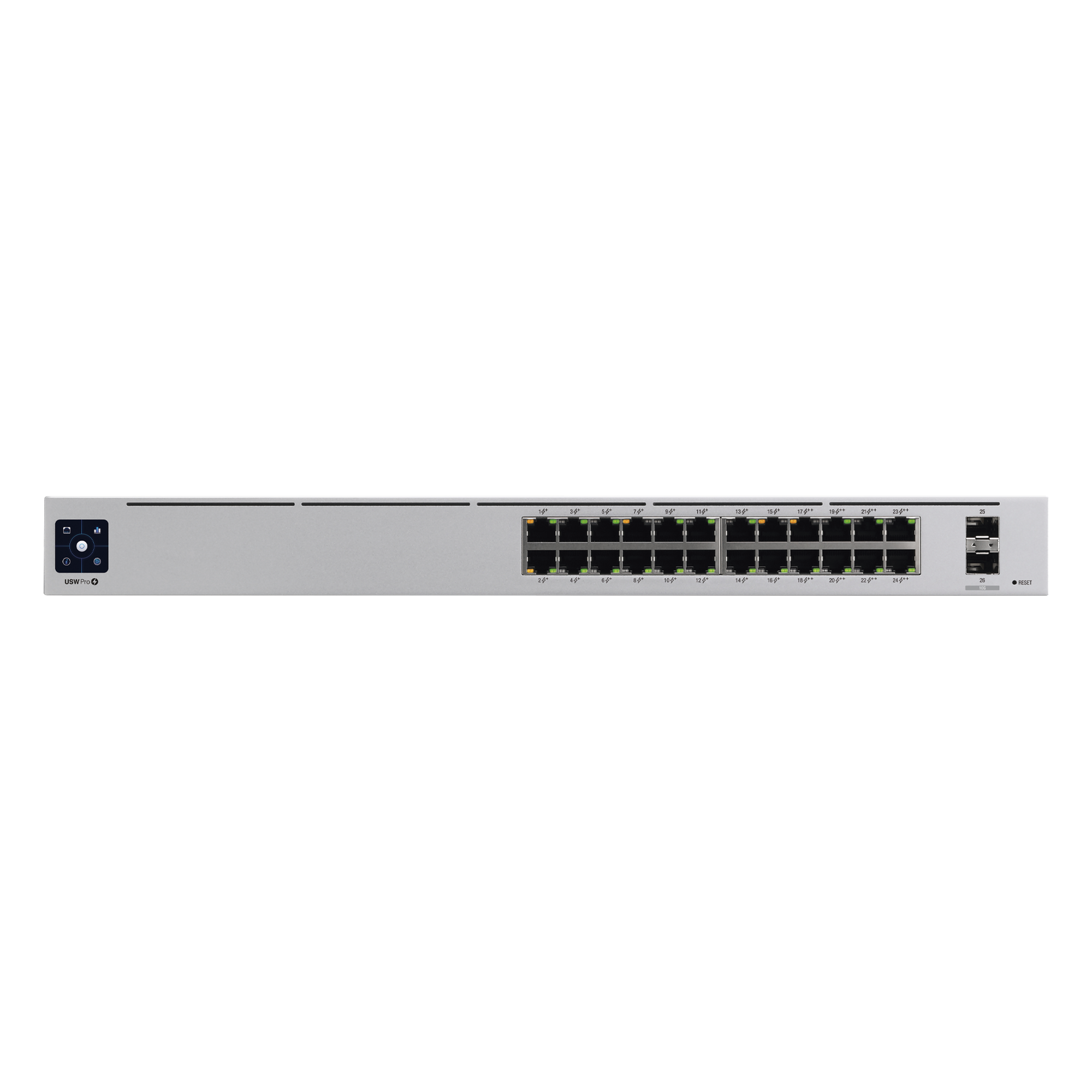 Switch PoE administrado / 24 puertos Gigabit / 2 SFP+ 10G / 400W / Capa 3 / Sin ventiladores / 1U rack — UBIQUITI · SKU USW-PRO-24-POE