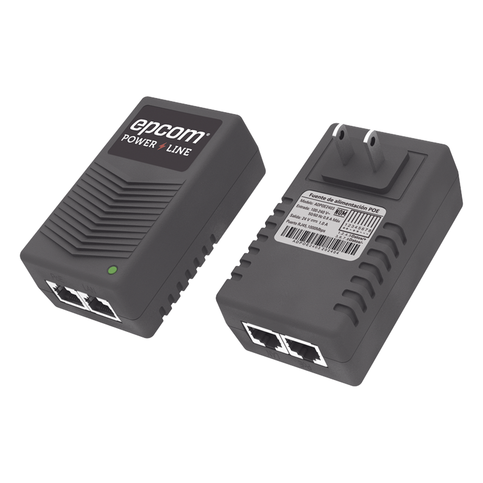 Inyector PoE de Pared / 24 Vcc / 1 A / 24 W / Protección OV, OC, SC, UV / -25°C a 65°C / Doble RJ45 — EPCOM POWERLINE · SKU ADPOE2403