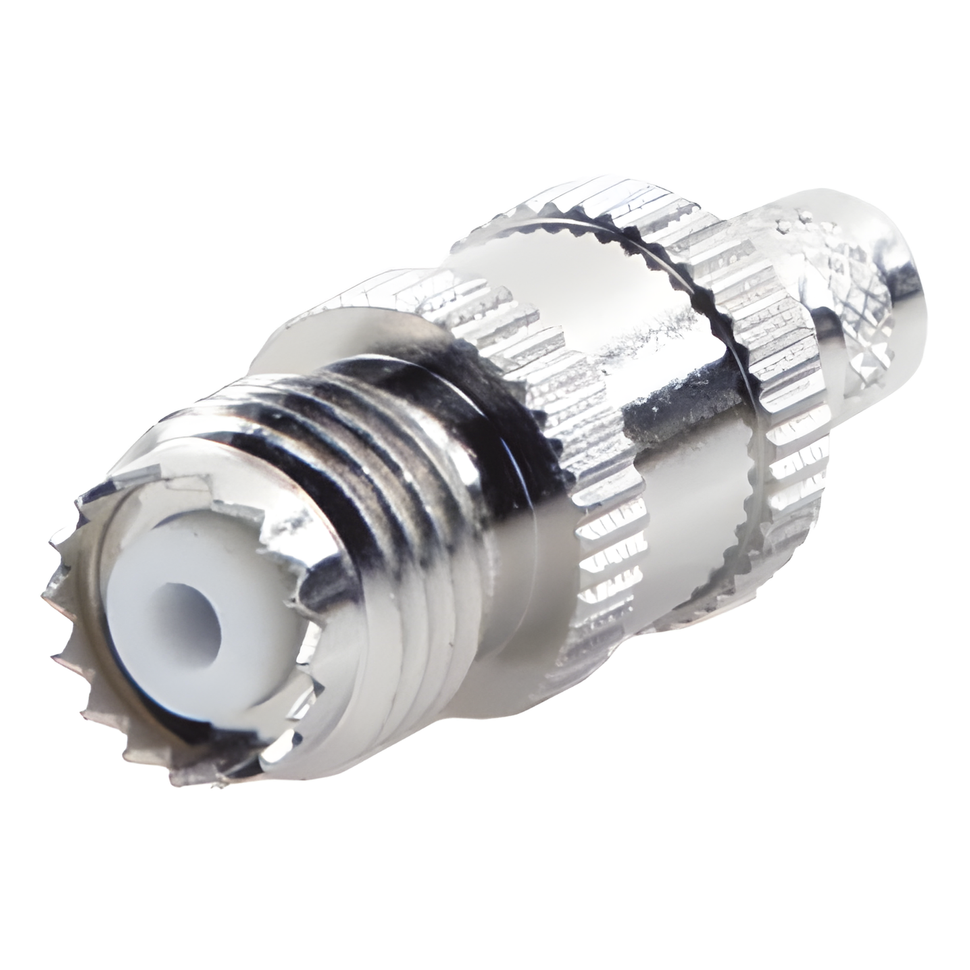 Conector Coaxial Mini-UHF / Hembra en Línea / Anillo Plegable / Para RG-8/X, LMR-240, Belden 9258 / Níquel/Plata/Teflón — RF INDUSTRIES,LTD · SKU RFU-601-1X