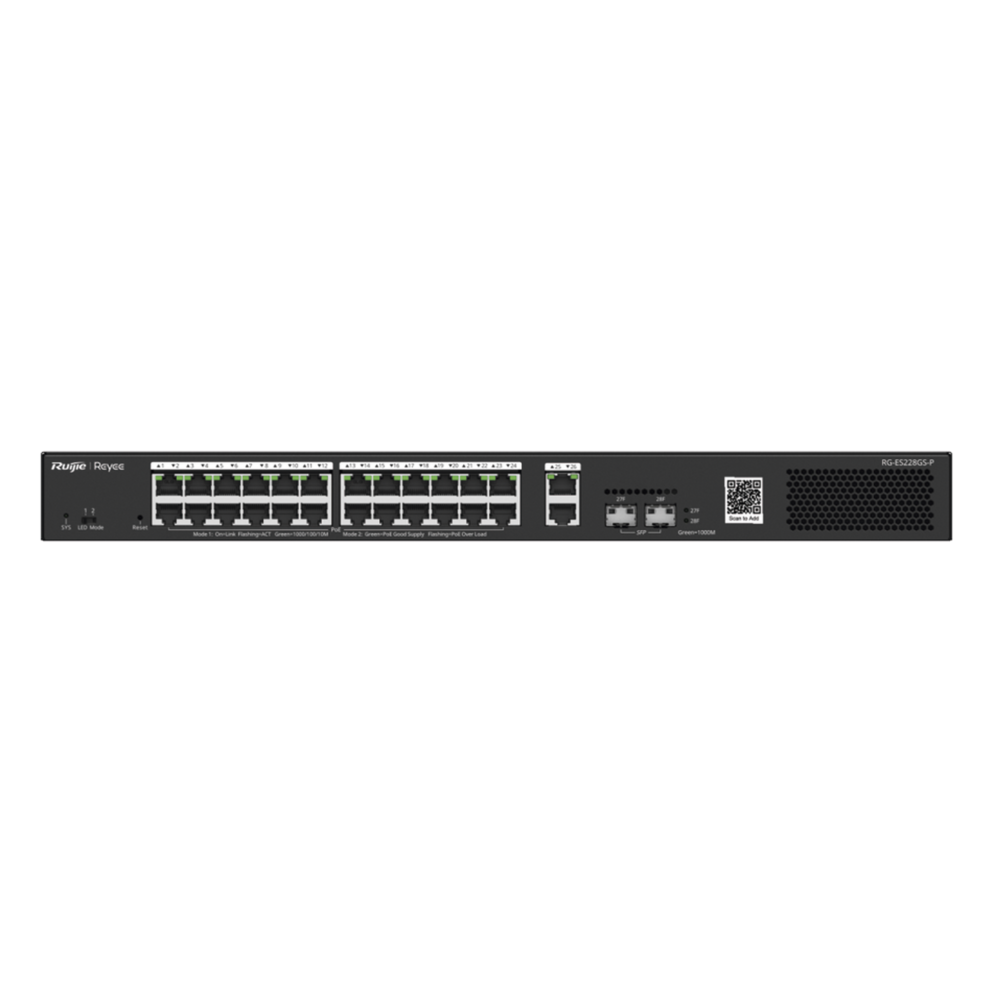 Switch PoE+ Smart / 24 Puertos Gigabit / 370W / 2 SFP 1Gb / 56 Gbps / 41.66 Mpps