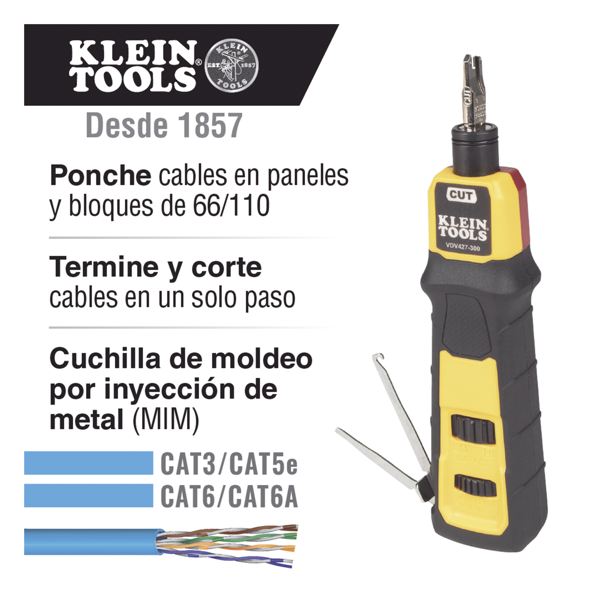 Herramienta Ponchadora de Impacto con Cuchilla para Paneles y Bloques de 66/110. Termina y Corta Cables CAT3, CAT5e y CAT6/6A en 1 paso