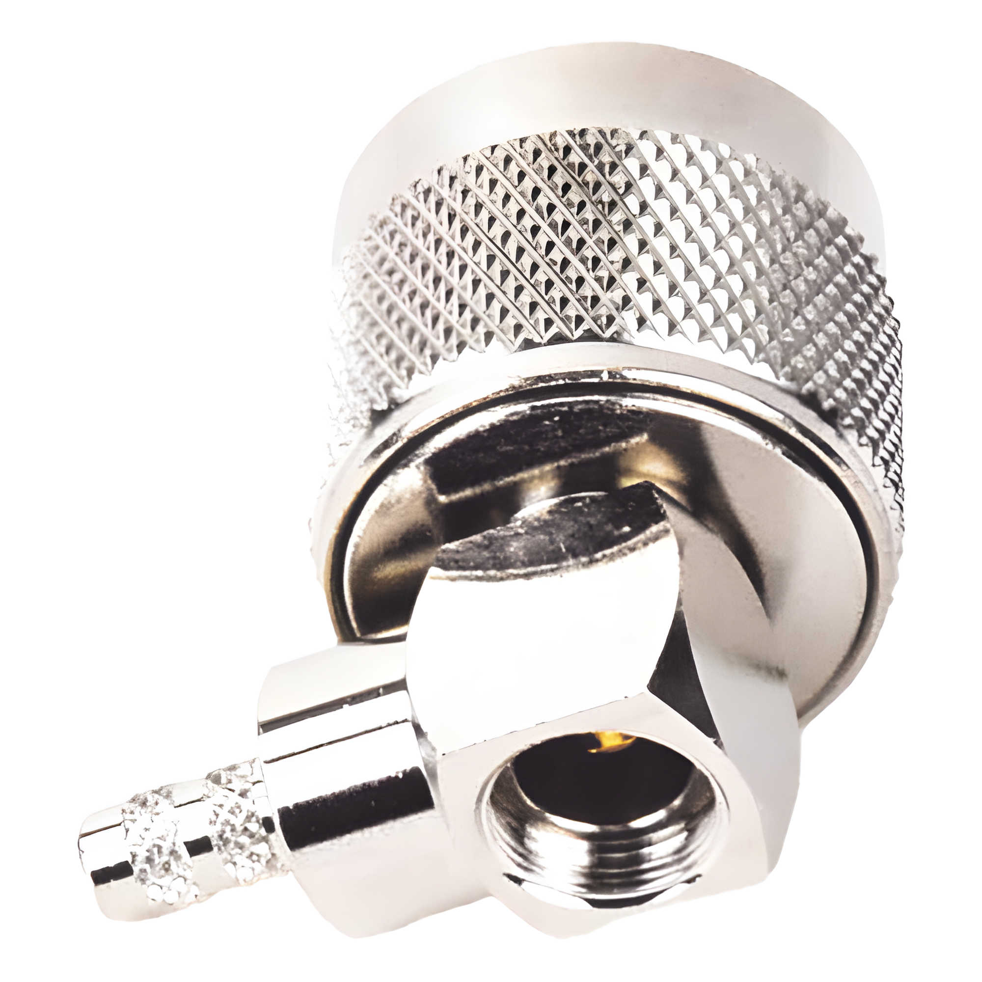 Conector Coaxial N Macho / Ángulo Recto / Anillo Plegable / Cables RG-58/U, RG-142/U, LP-195 / Níquel / Oro / Teflón