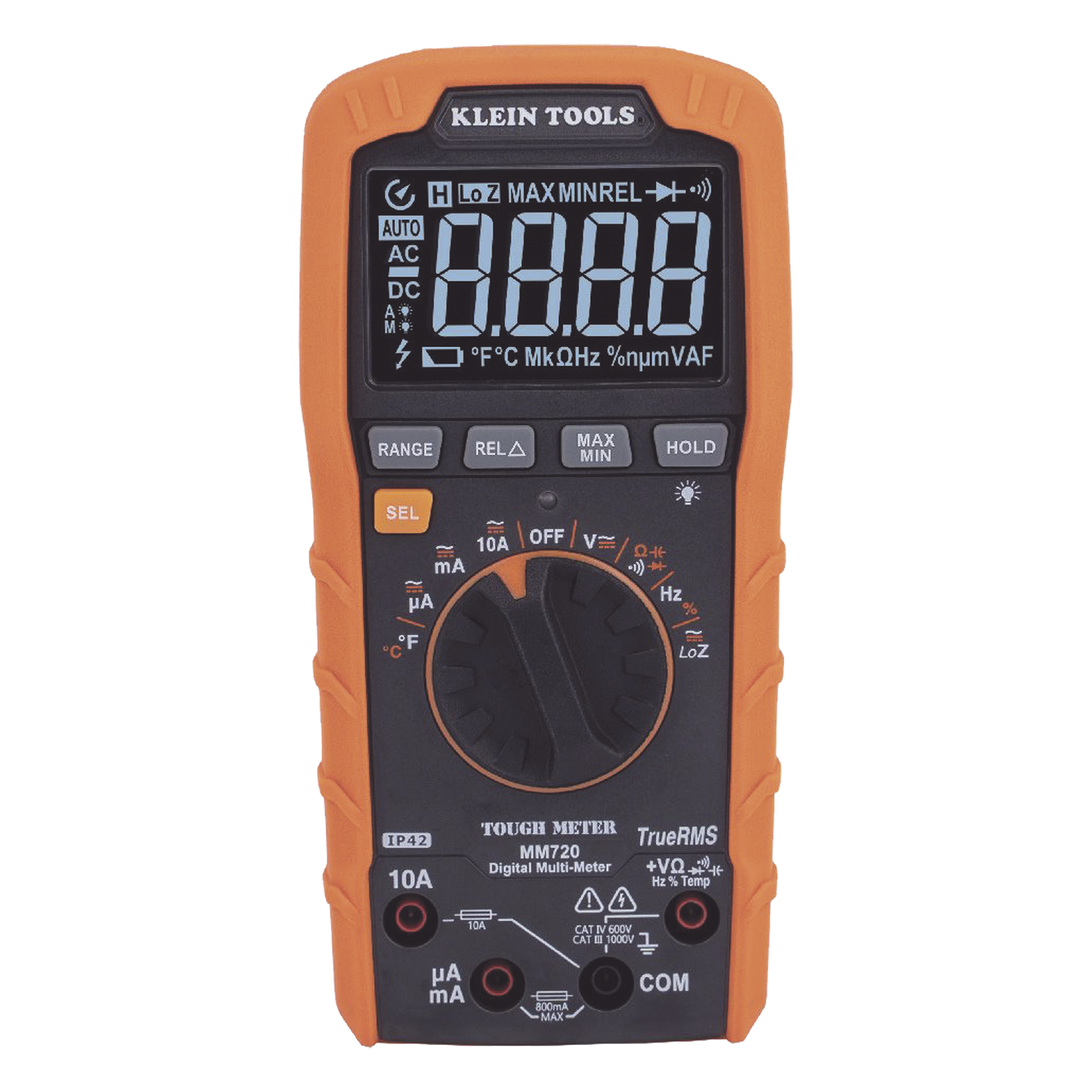 Multímetro Digital / Rango Automático / TRMS 1000 V / 10 A / Temperatura / LOZ / IP42 / Caída 2 m (6.6 ft) — KLEIN TOOLS · SKU MM720
