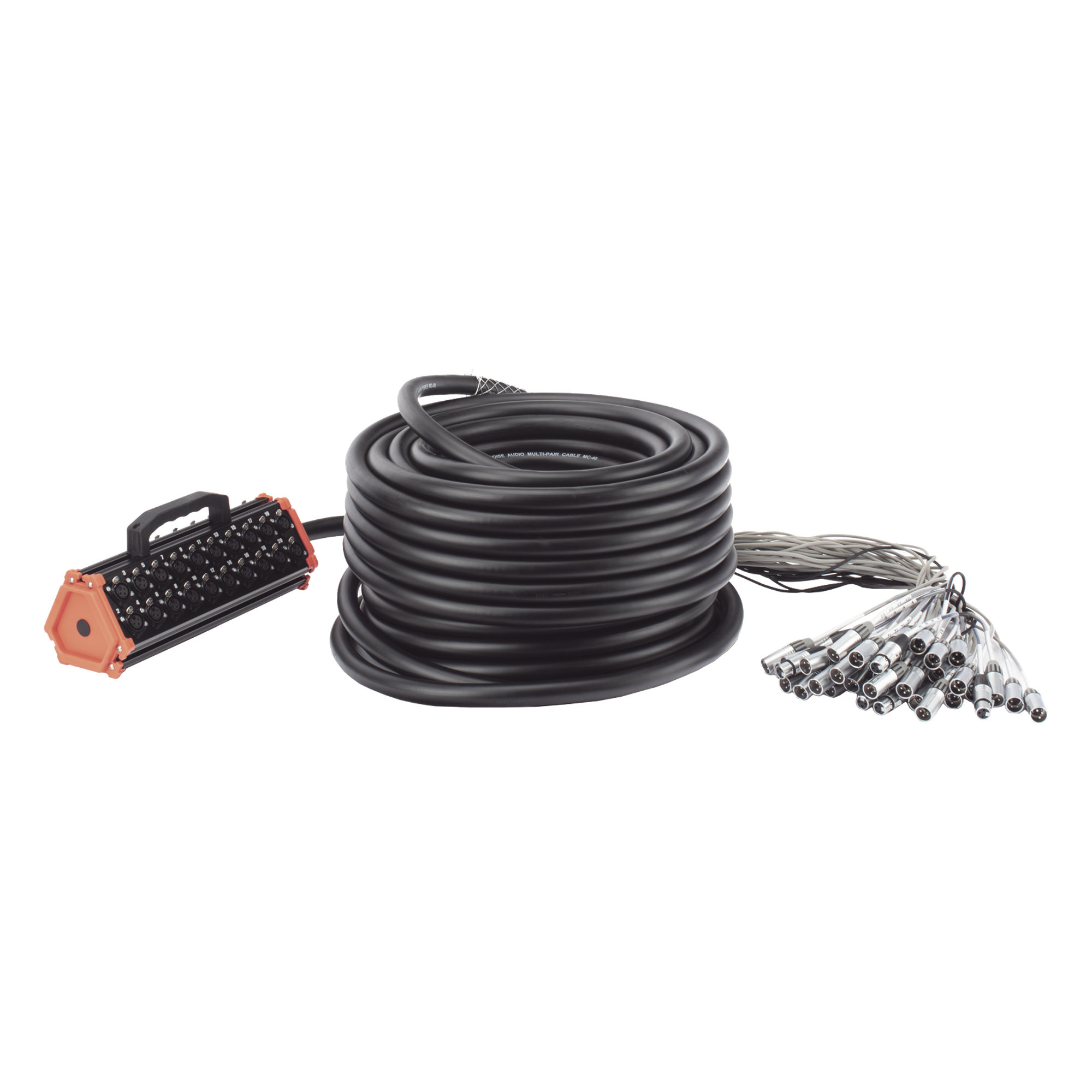Stagebox Multipar / 32 Canales XLR Hembra + 8 Canales XLR Macho / Cable 45 m (147.6 ft) / Contactos Chapados en Oro / Carcasa Acero Inoxidable / 20 A 250 V — SEETRONIC · SKU CSBT3208L45M