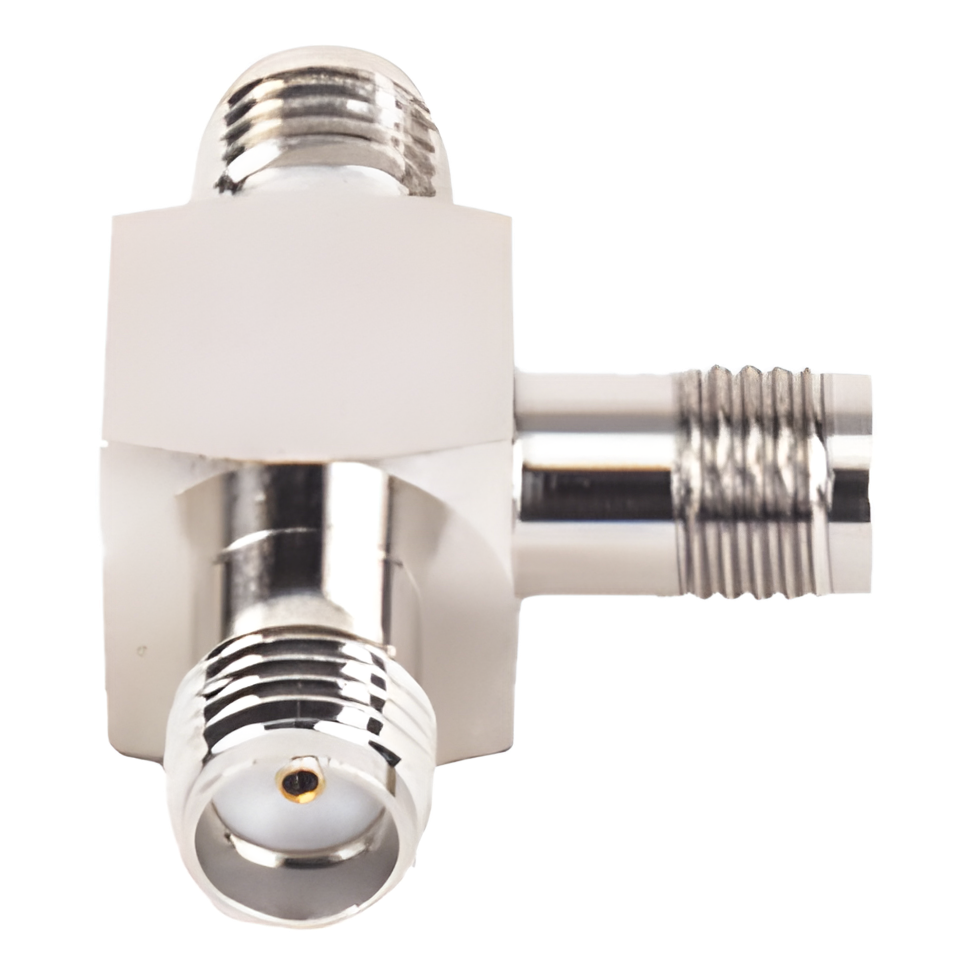 Adaptador RF en T / Triple Conector SMA Hembra / Frecuencia 18 GHz / Cuerpo Bronce Niquelado / Aislante Teflón