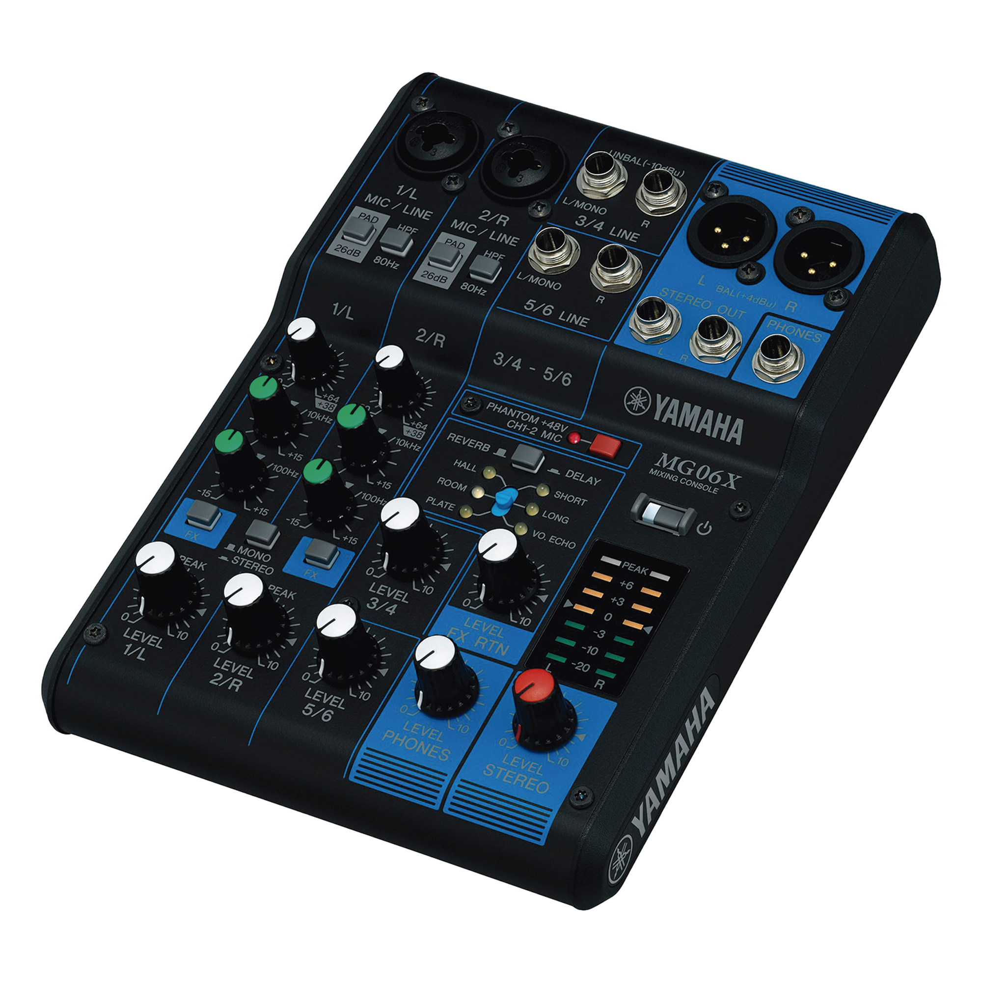 Mezcladora de Audio / 6 Canales / 2 Entradas Micrófono + 4 Entradas Línea / Efectos SPX Integrados / Phantom +48V / Chasis Metálico Compacto — YAMAHA · SKU MG-06X