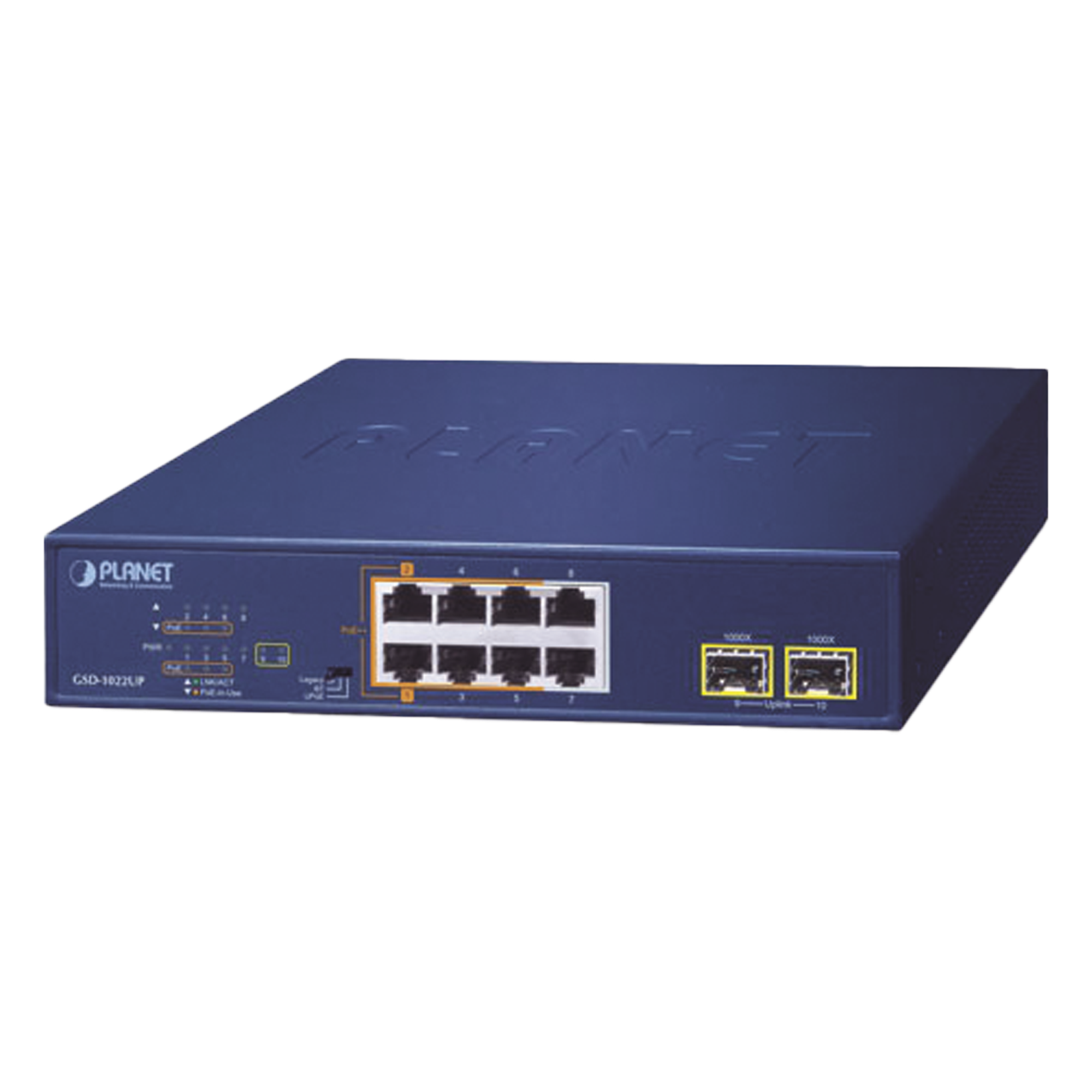 Switch PoE No Administrable / 2 Puertos 802.3bt 60W / 4 Puertos 802.3at 30W / 2 Puertos Gigabit TP / 2 Puertos SFP / 180W Total / 20Gbps — PLANET · SKU GSD-1022UP