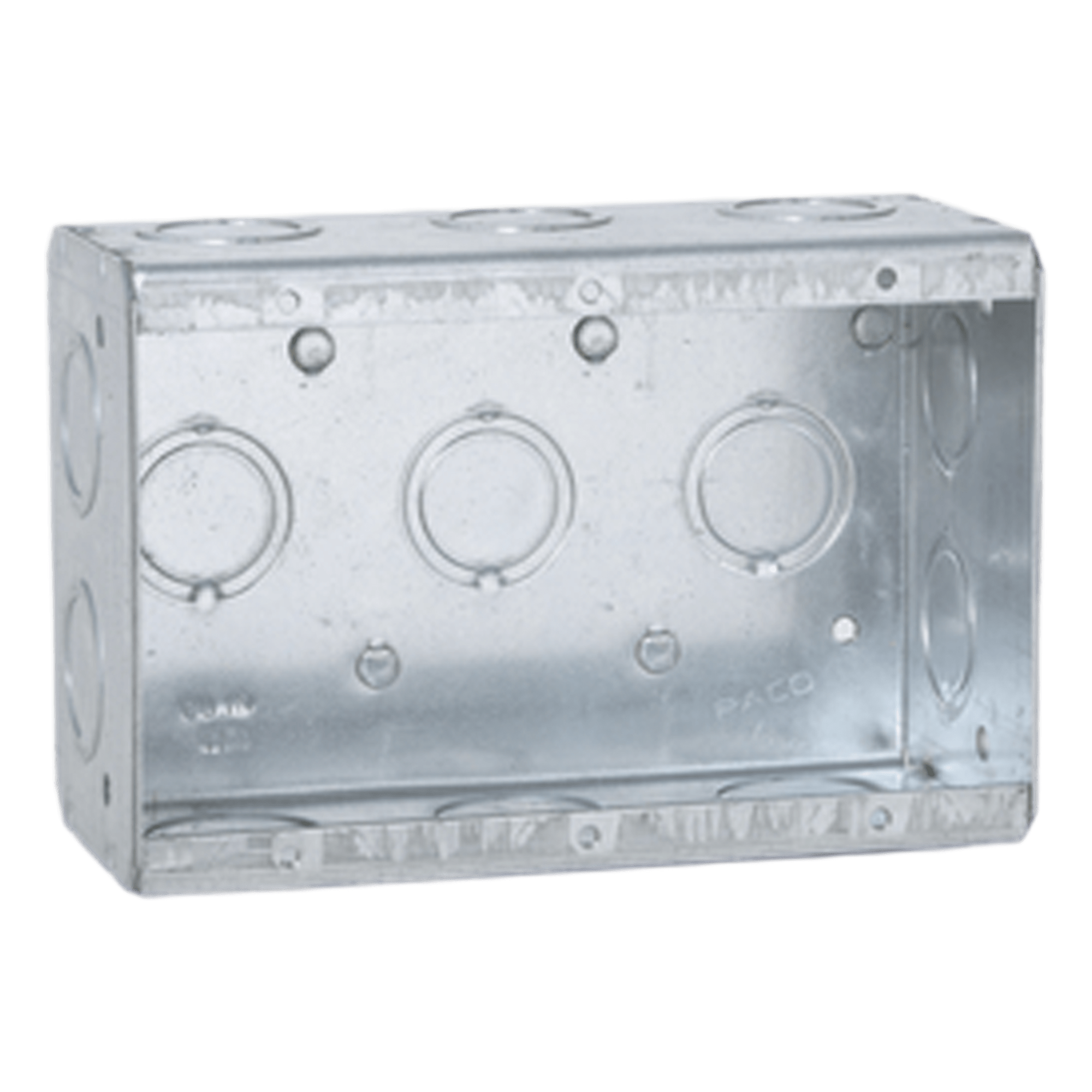 Caja Multigang / 3 Gangs / Profundidad 2.5 in / 16 Entradas 1/2" y 3/4" / Capacidad 47.8 in³ / Acero Galvanizado / UL Listed — RACO · SKU HUB-692